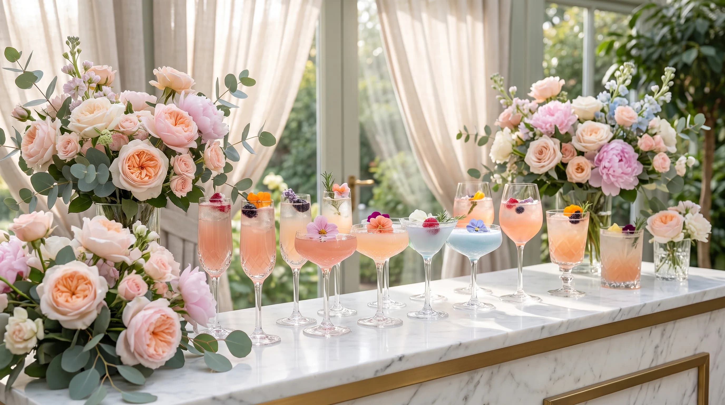 Mocktail bar styled for a luxury bridal shower