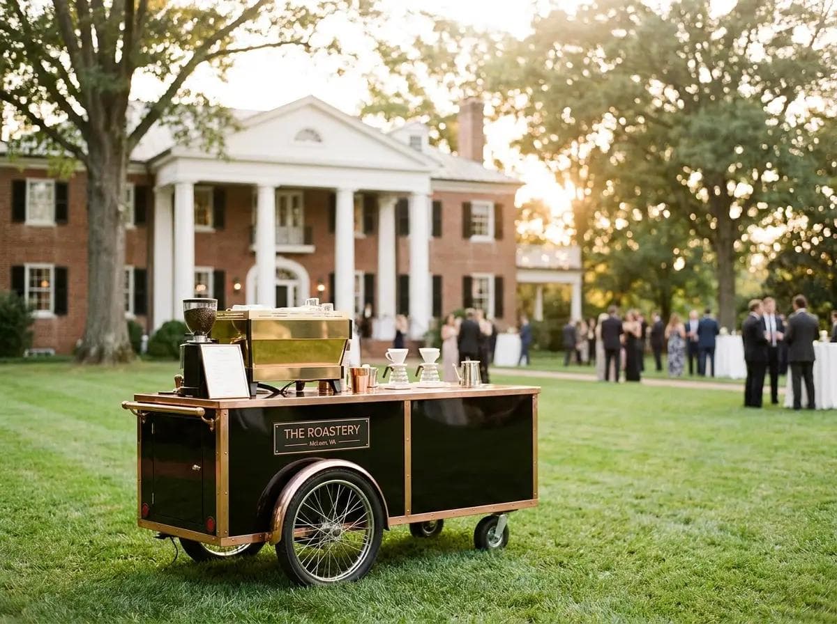 Elegant mobile coffee cart on the manicured lawn of a private McLean Virginia estate, colonial-style manor house and mature oak trees softly blurred in the background
