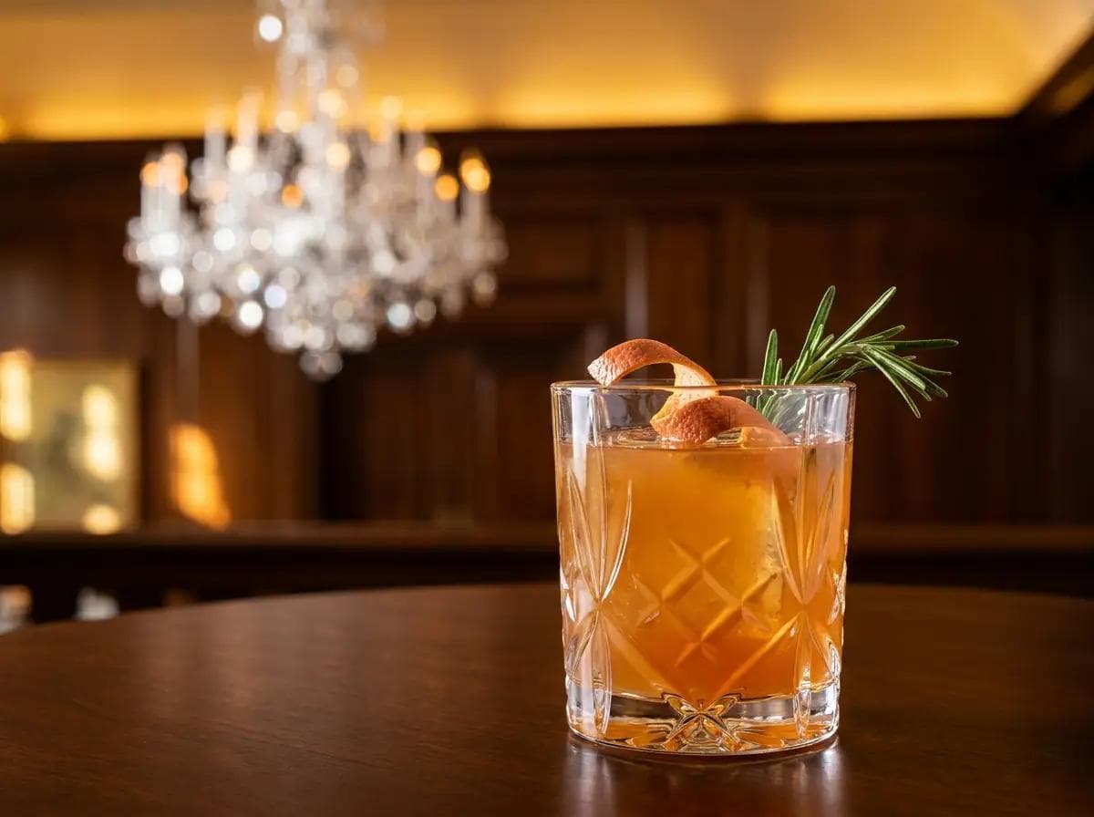 Close-up of a formal country club reception mocktail bar in Arlington Virginia, crystal chandeliers and military regalia softly blurred in the background