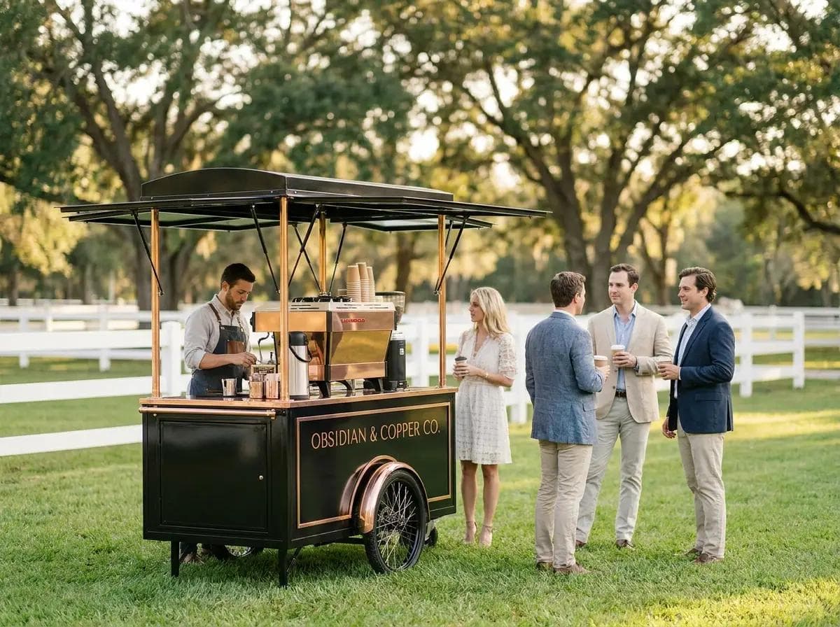 Luxury mobile coffee cart on the manicured grounds of a private Potomac Maryland estate, white-fence equestrian property and oak canopy softly blurred in the background