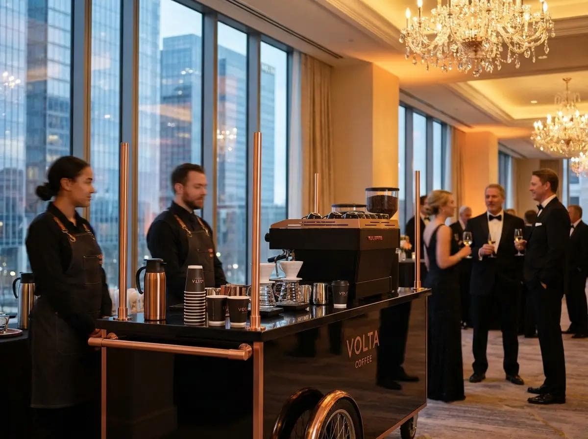 Sleek corporate mobile coffee cart at a luxury hotel ballroom in Tysons Corner Virginia, glass and steel high-rise architecture visible through floor-to-ceiling windows