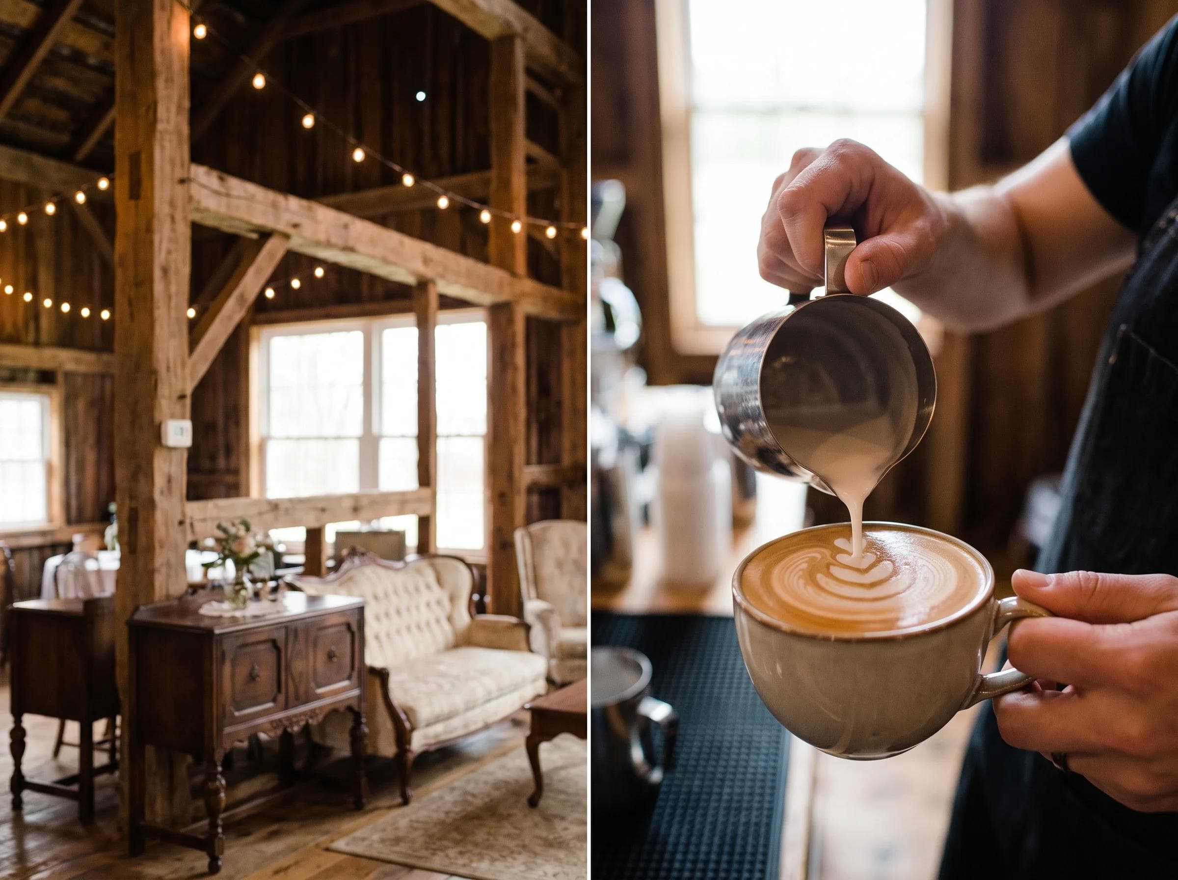 Close-up of a latte being poured at a historic barn wedding venue in Purcellville Virginia, wooden beams and farmhouse decor softly blurred