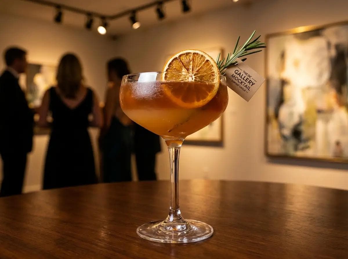 Close-up of a signature zero-proof mocktail at a Dupont Circle DC cultural institution gala, gallery art and dramatic museum lighting softly blurred behind