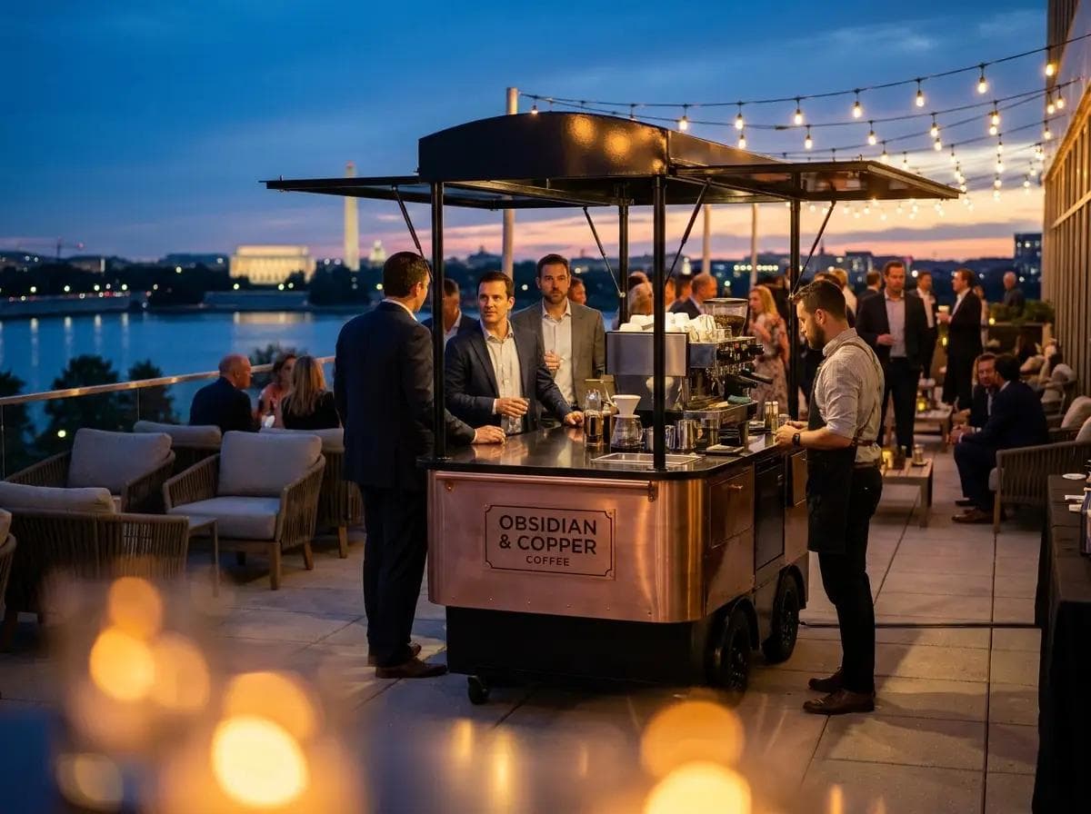 Elegant mobile coffee cart on a Rosslyn rooftop overlooking the Potomac River in Arlington Virginia, Washington DC monuments faintly visible across the water at dusk