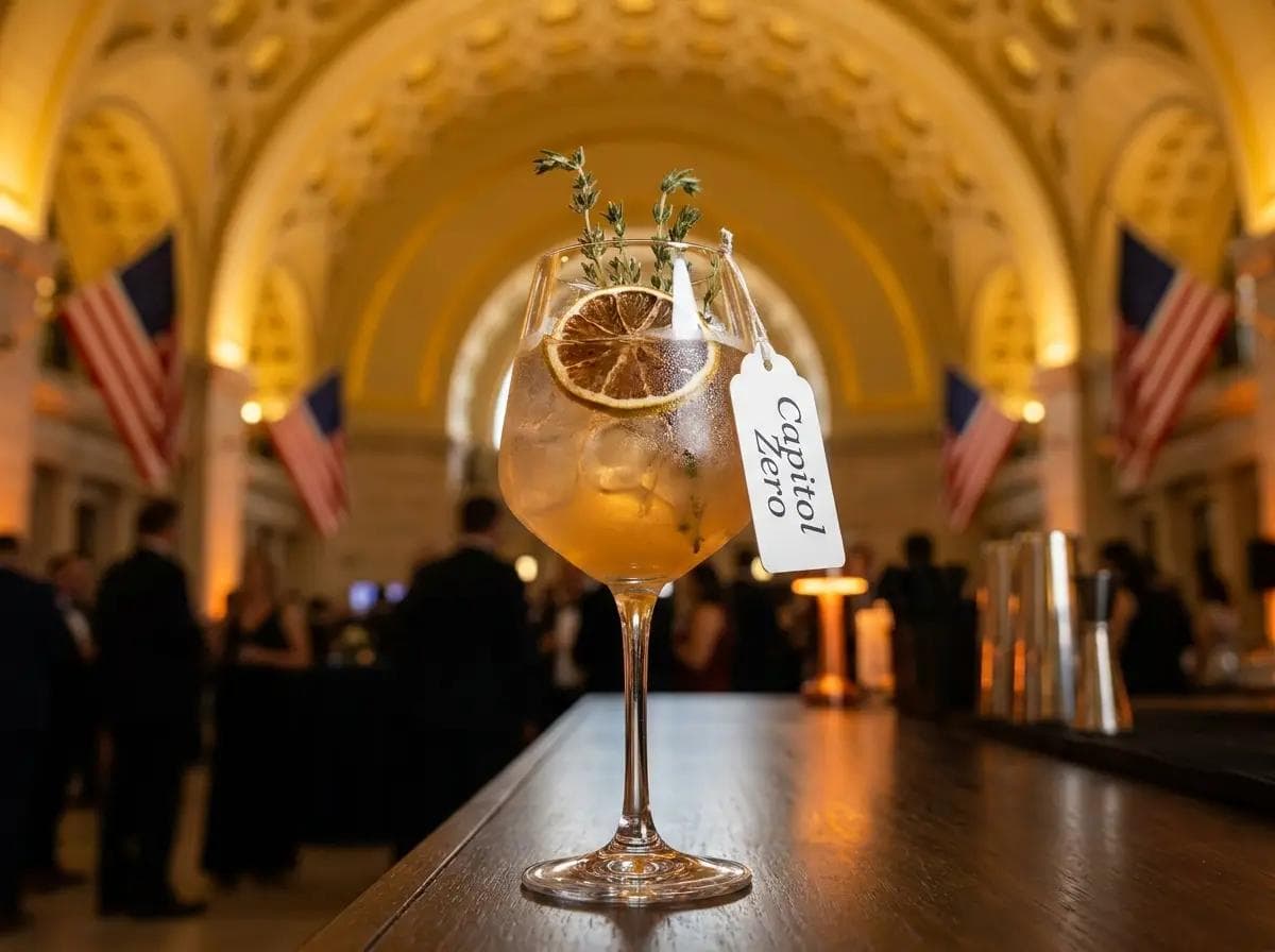 Close-up of a signature mocktail at a Capitol Hill DC gala event, Union Station's vaulted ceilings and American flags softly blurred behind