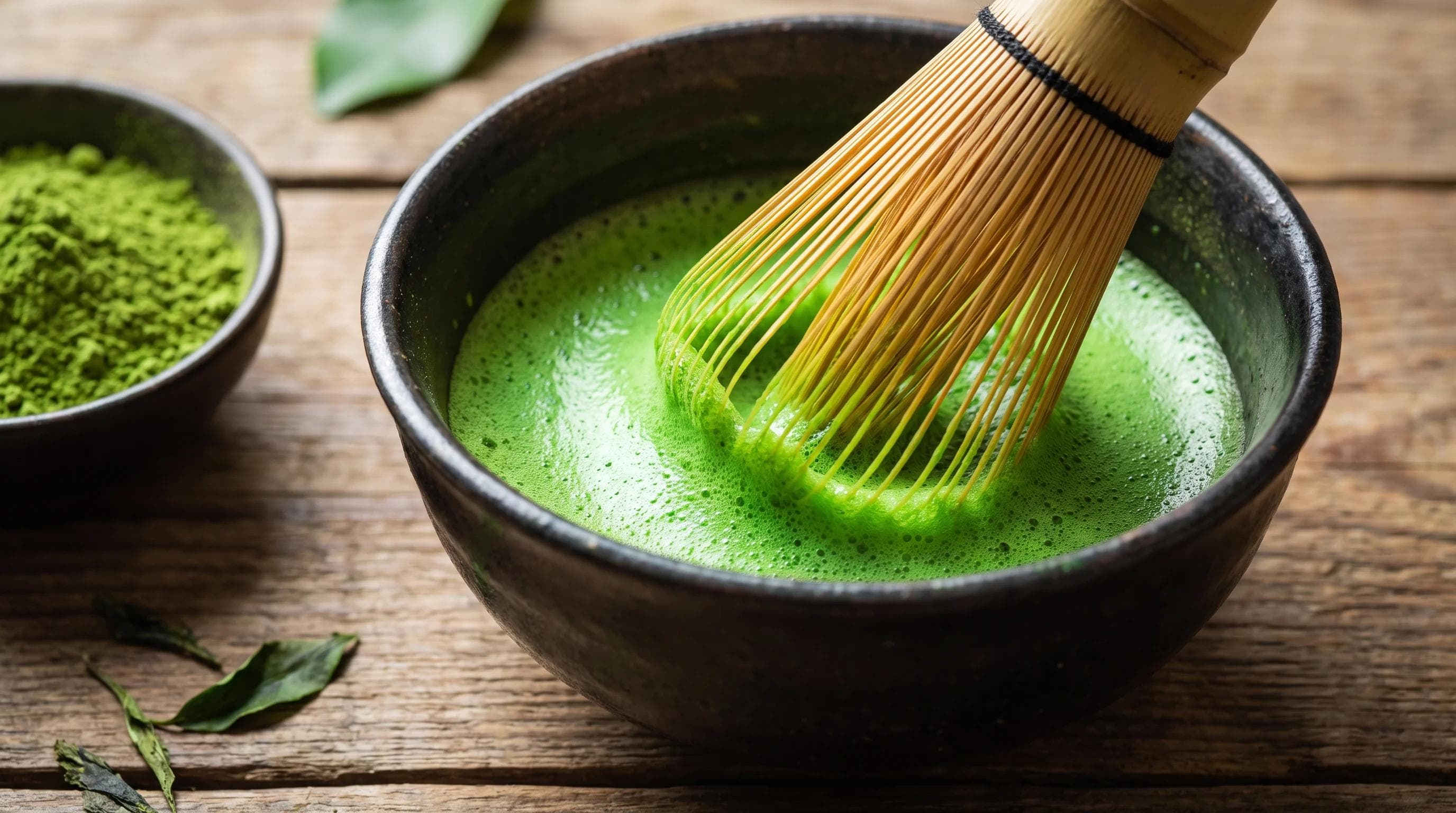 Ceremonial-grade matcha being whisked with a bamboo whisk into a luminescent green foam, close-up macro photography, elegant styling