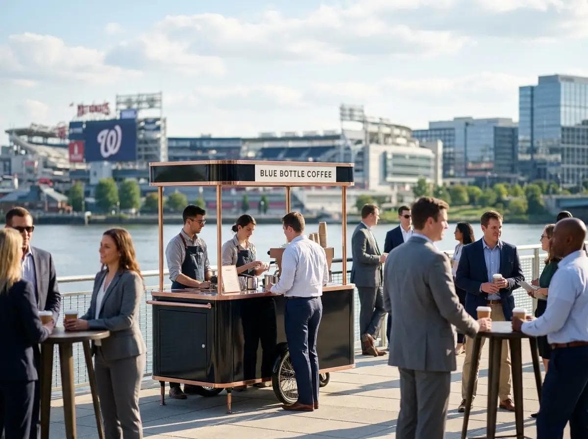 Modern mobile coffee cart on a Capitol Riverfront waterfront terrace in Navy Yard DC, Anacostia River and Nationals Park stadium softly blurred in the background