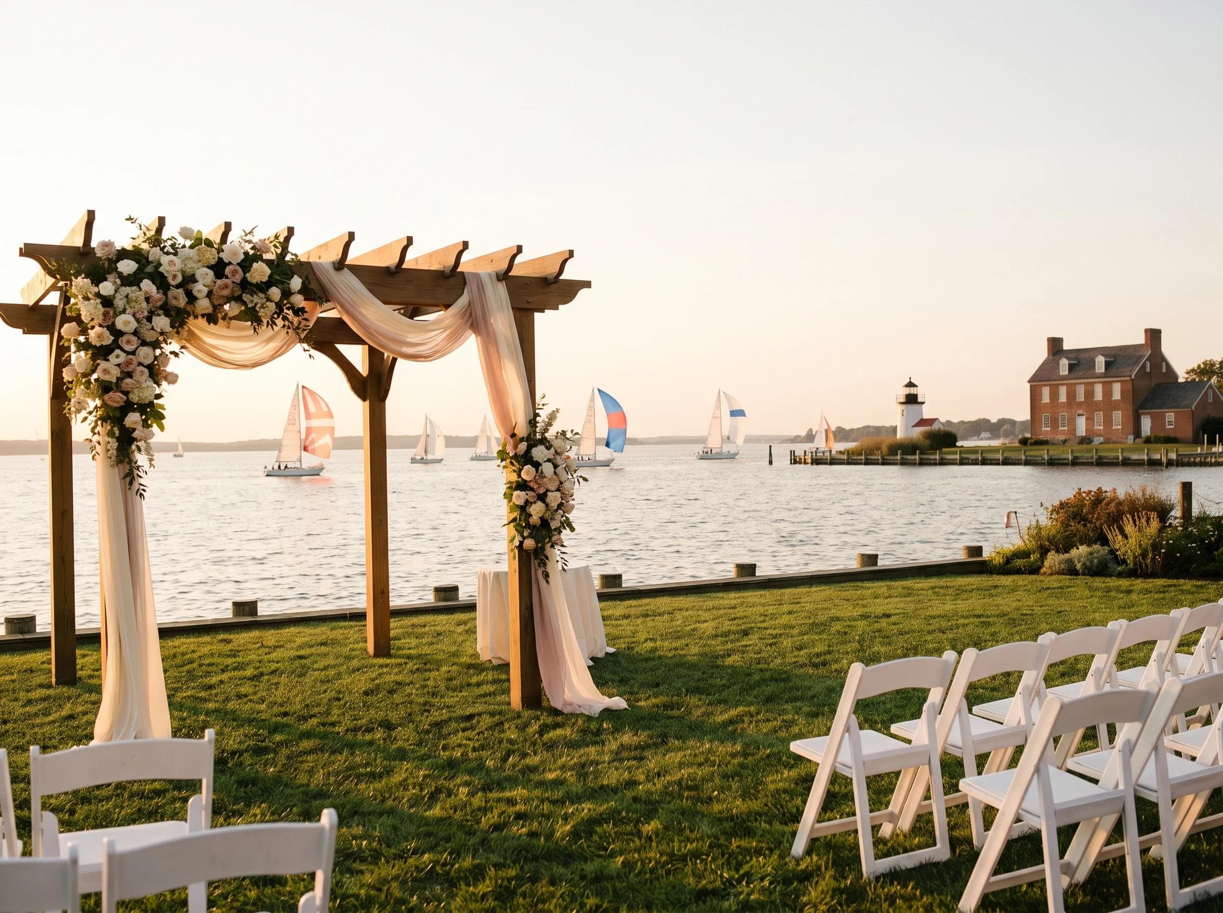 Chesapeake Bay waterfront ceremony setting in Annapolis Maryland with sailboats visible on the water at golden hour