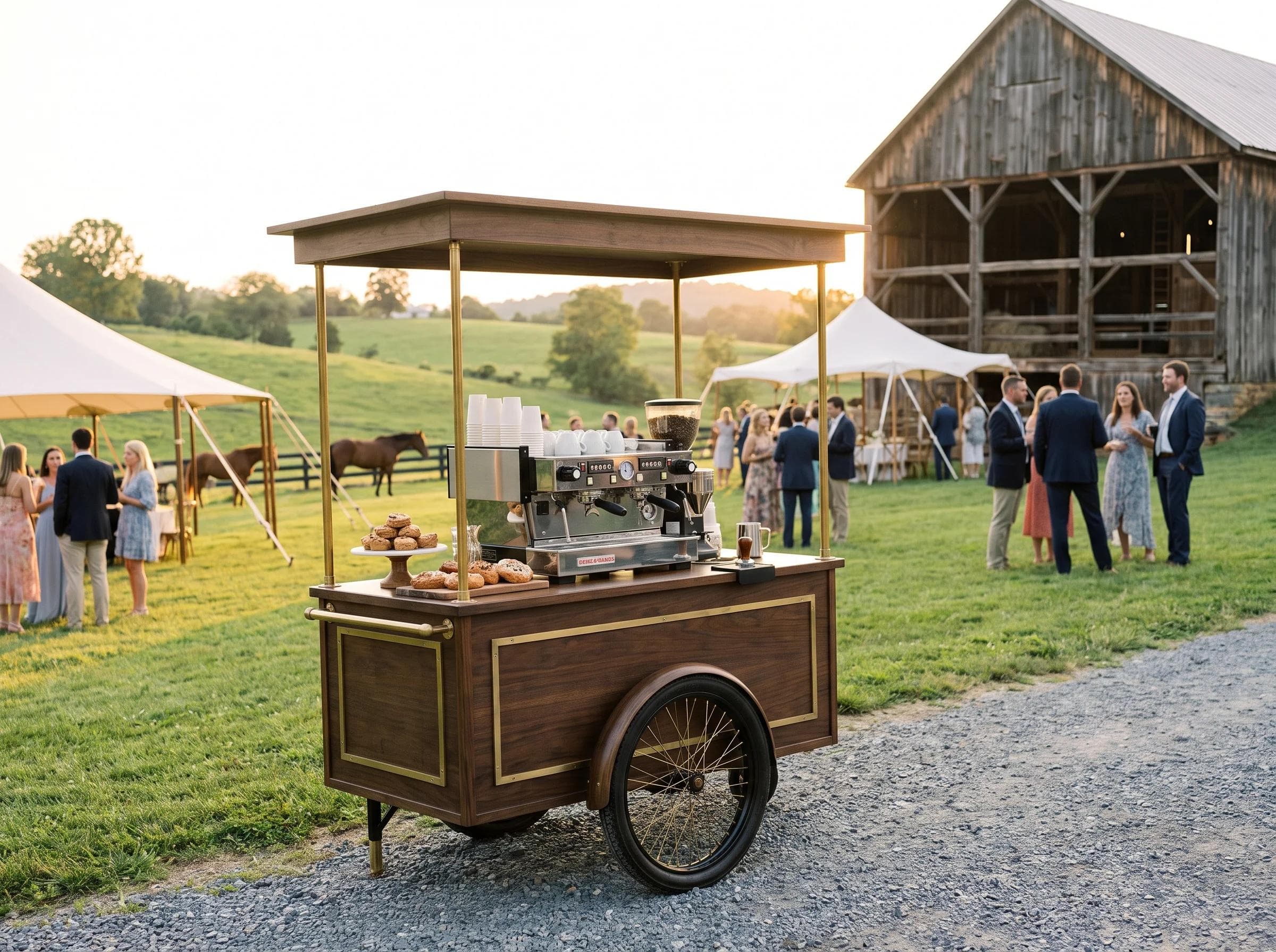 Luxury mobile coffee cart at a Middleburg Virginia equestrian estate wedding, rolling horse pastures and timber barn architecture in the background