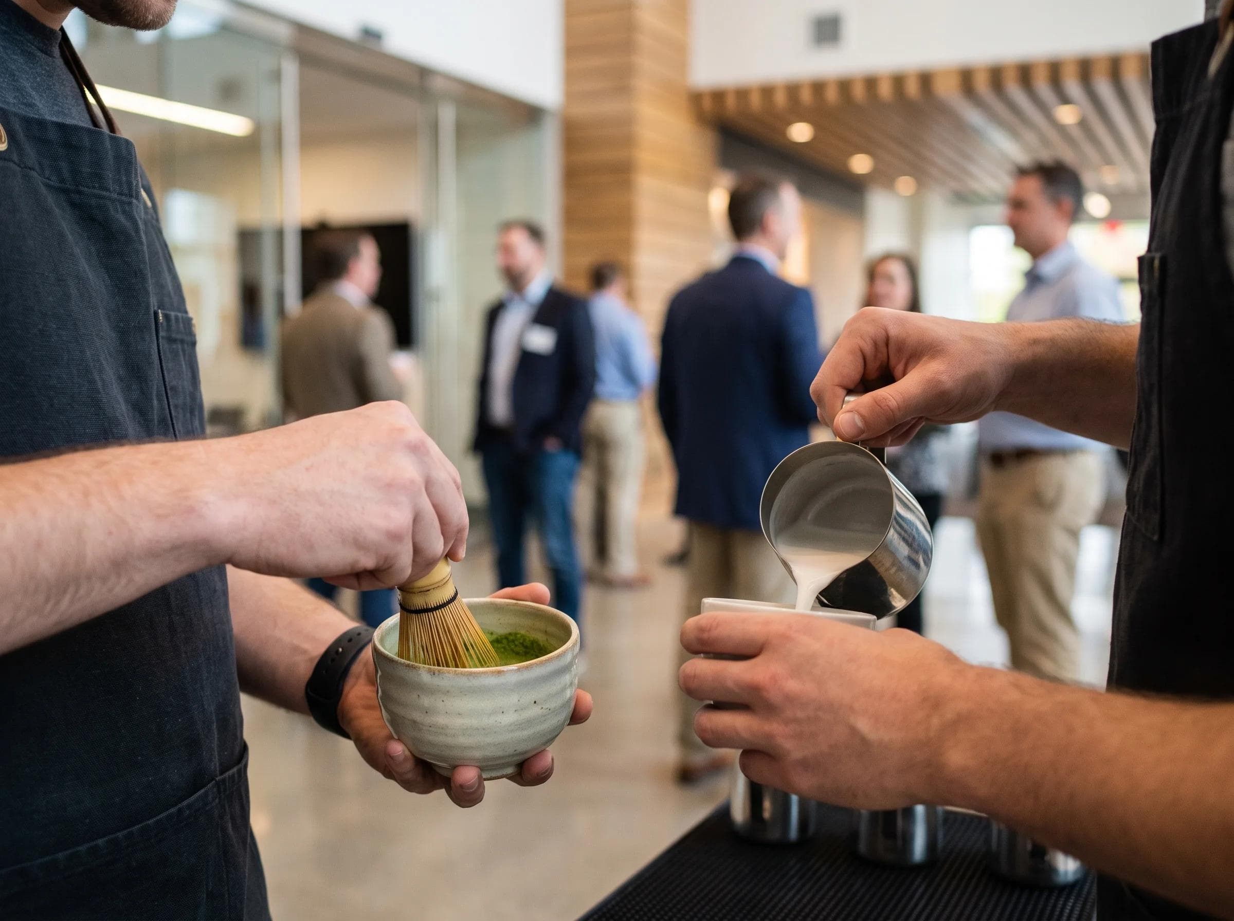 Close-up of a barista preparing a matcha latte at a Herndon Virginia tech company product launch event, sleek modern venue interior in soft focus
