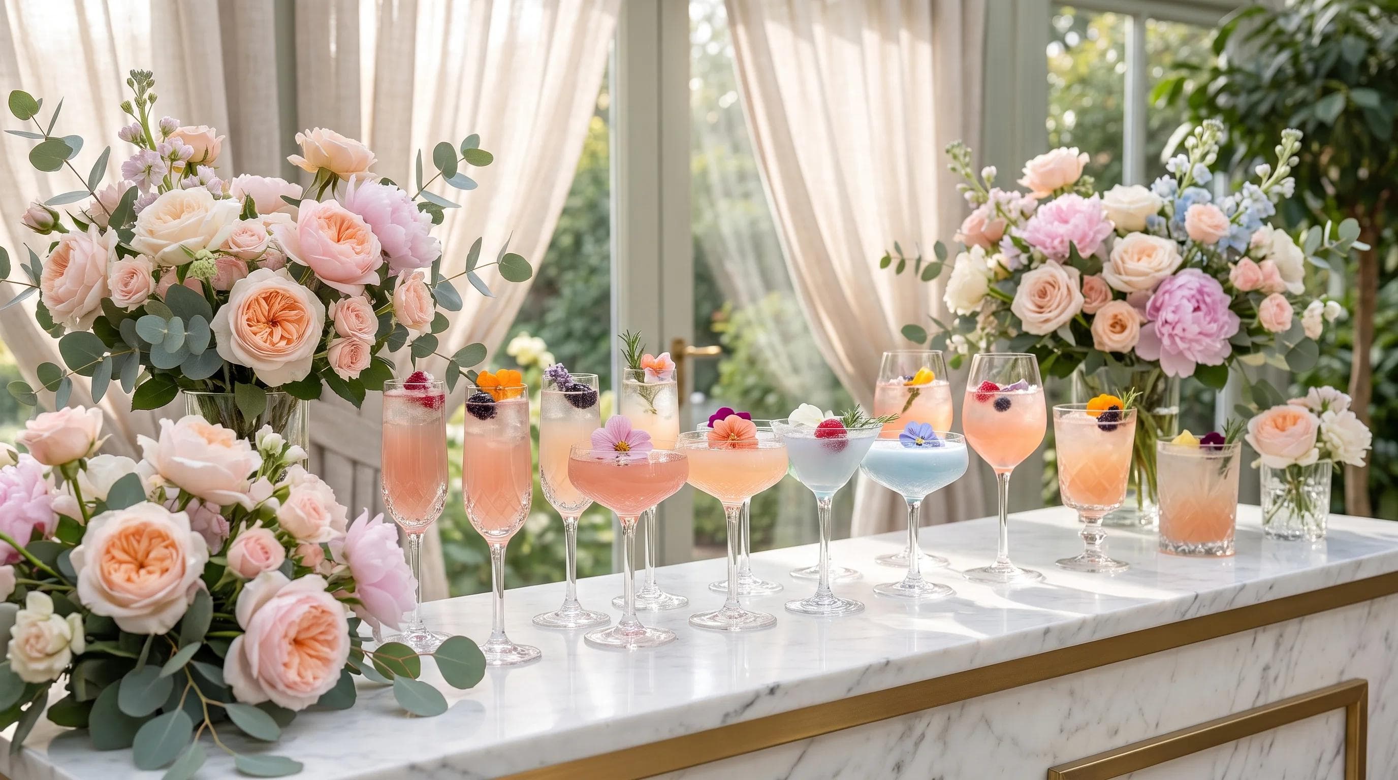 Elegant mocktail bar setup at a luxury bridal shower with color-coordinated garnishes and fresh florals, soft pastel styling