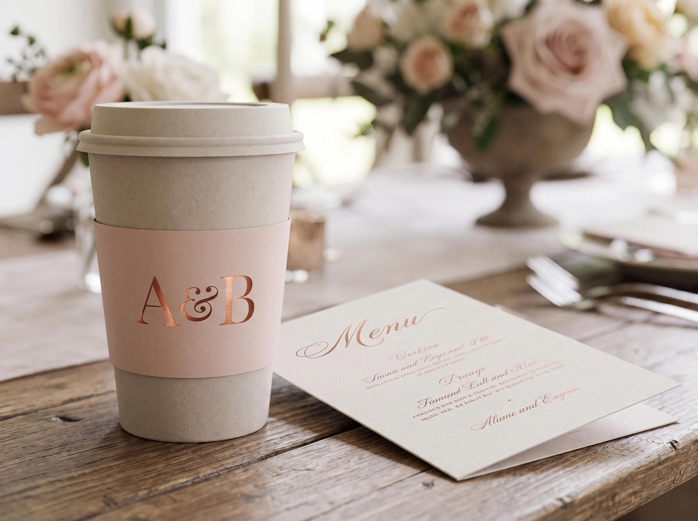 Close-up of a custom monogrammed takeaway cup and menu card styled to a couple's wedding palette, copper and blush tones