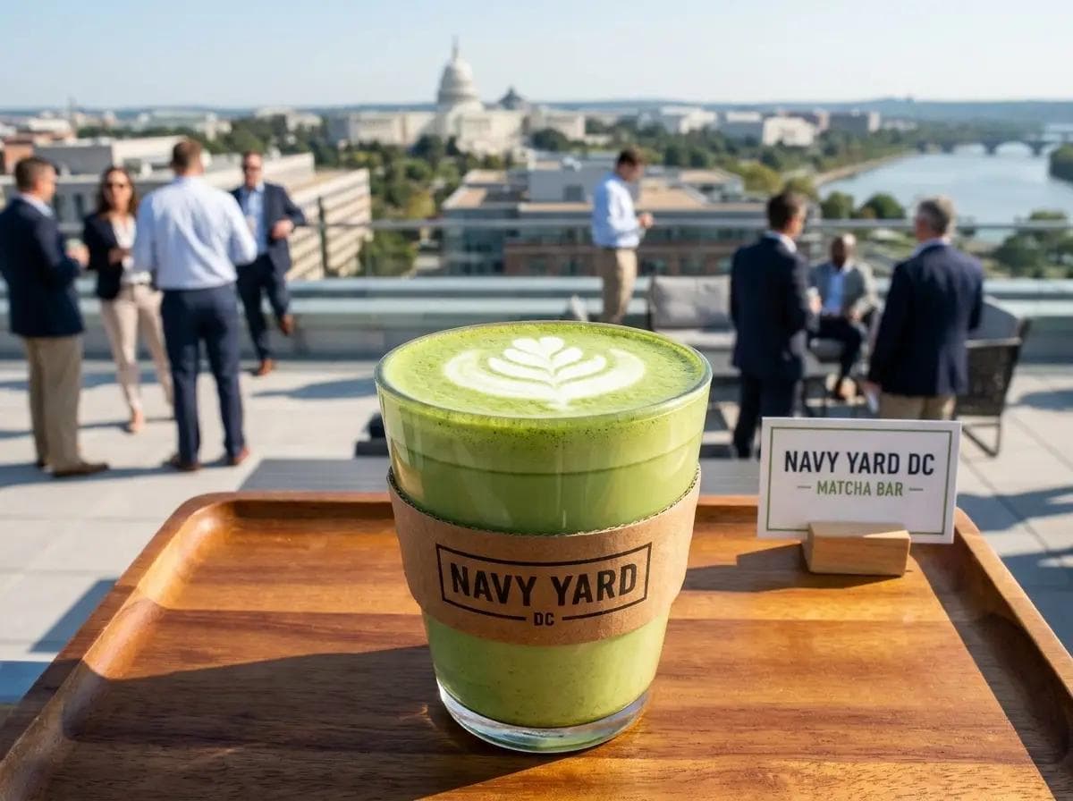 Close-up of a specialty matcha drink at a Navy Yard DC corporate rooftop event, modern DC skyline and Anacostia River softly blurred behind