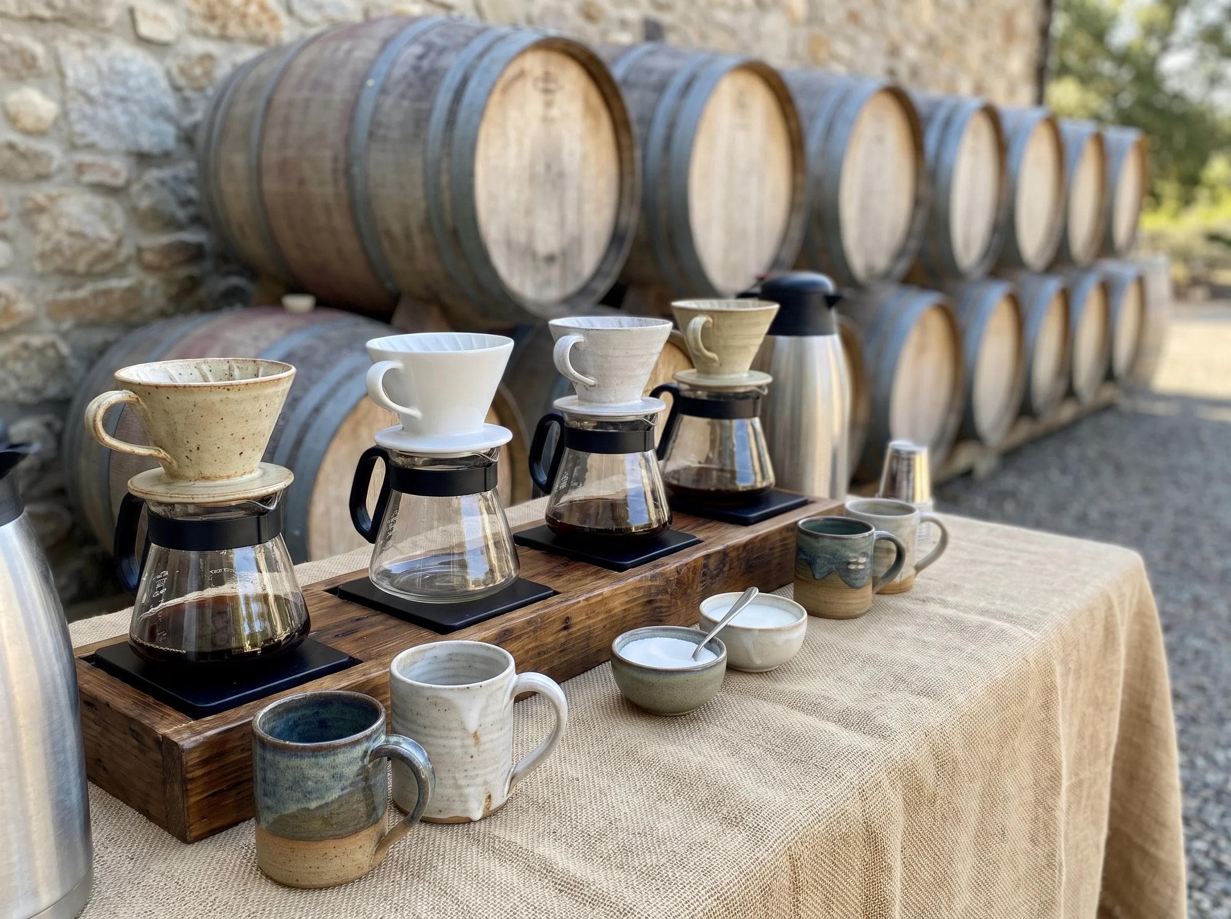 Close-up of a coffee service station set up near a winery tasting room, wine barrels softly visible in the background
