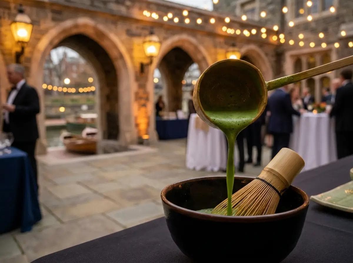 Close-up of a ceremonial matcha pour at a Georgetown DC university alumni event, Gothic stone architecture and C&O Canal waterway softly blurred behind