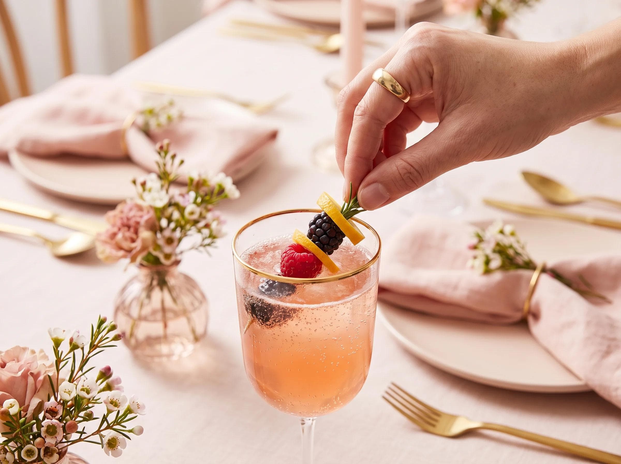 Close-up of a signature mocktail being garnished with fresh fruit at a bridal shower, blush and gold color palette