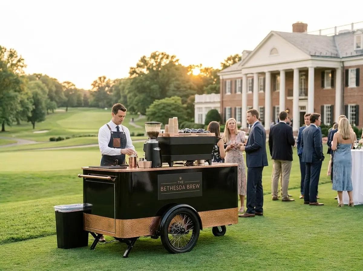 Elegant mobile coffee cart on a private country club lawn in Bethesda Maryland, manicured fairways and plantation-style clubhouse architecture softly blurred in the background