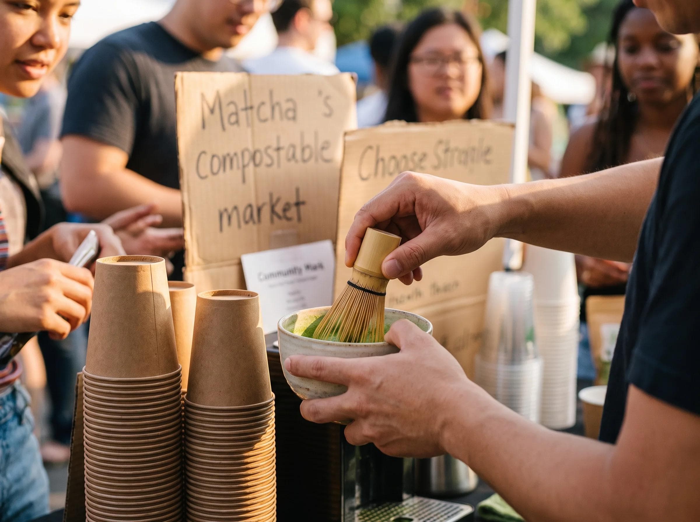 Close-up of ceremonial matcha being whisked with compostable cups at a community event in Takoma Park Maryland, warm natural light