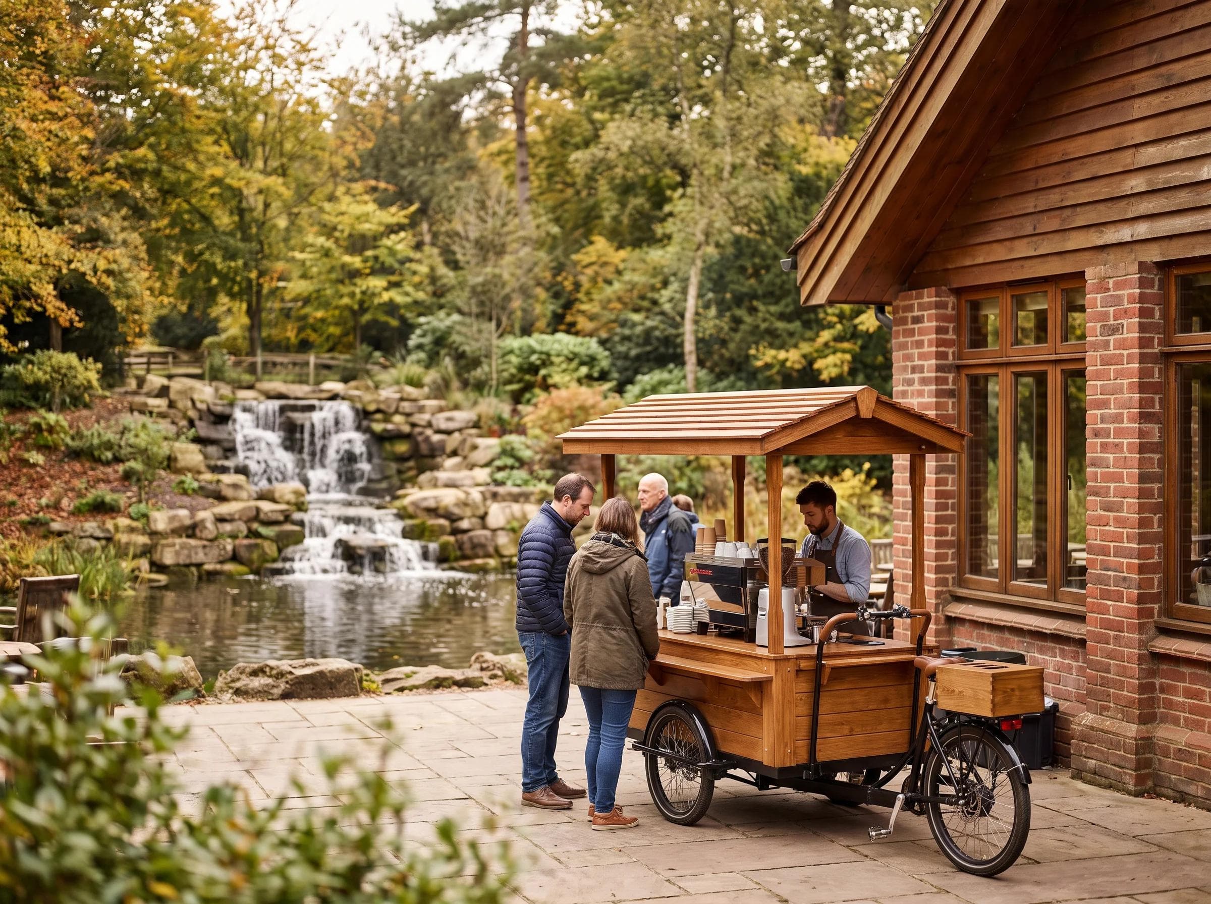 Boutique mobile coffee cart set up beside a lakeside garden restaurant in Falls Church Virginia, waterfall feature softly blurred in the background