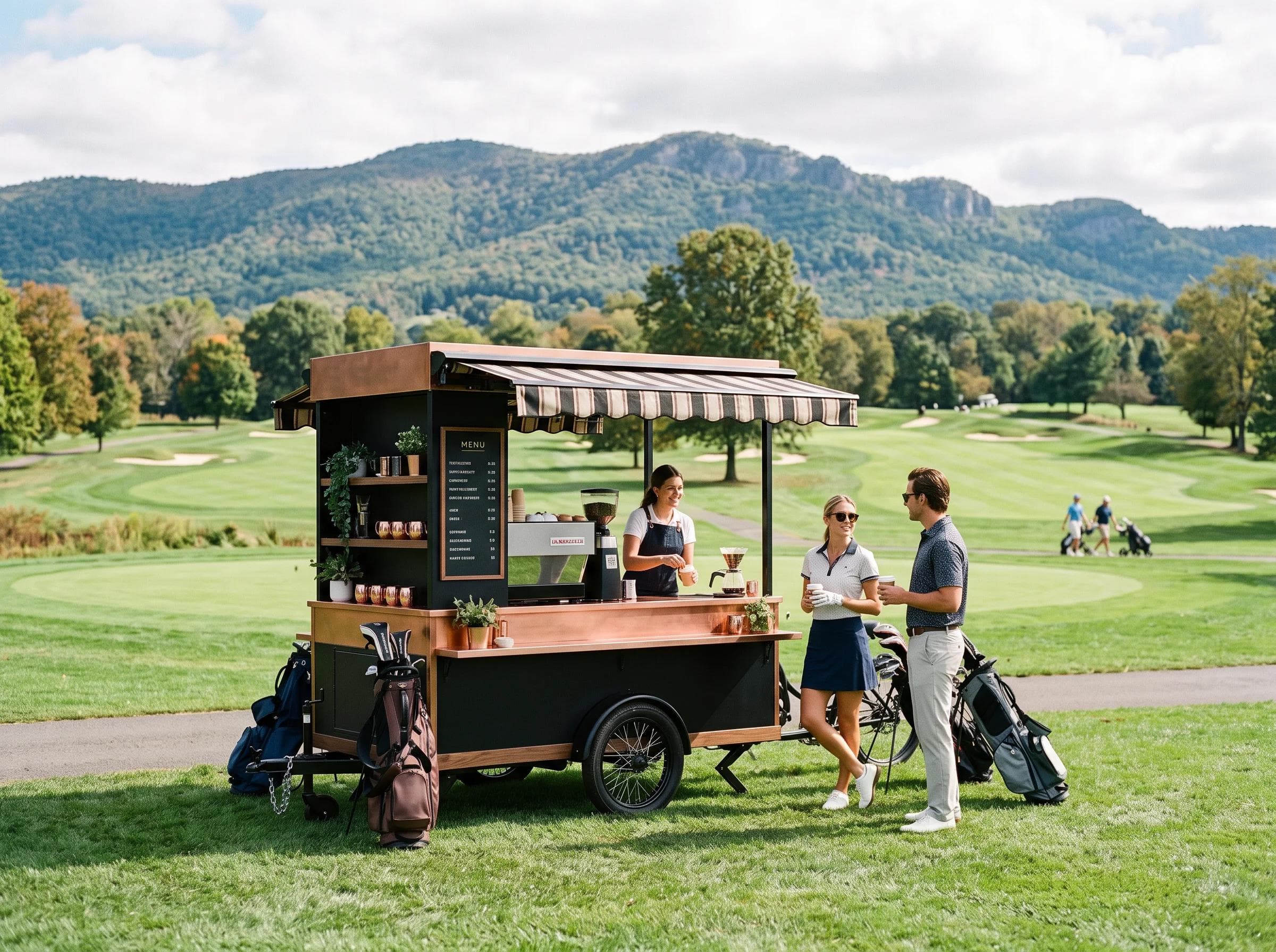 Mobile coffee cart on a golf country club lawn in Haymarket Virginia, Bull Run Mountain visible in the background, elegant copper and obsidian branding