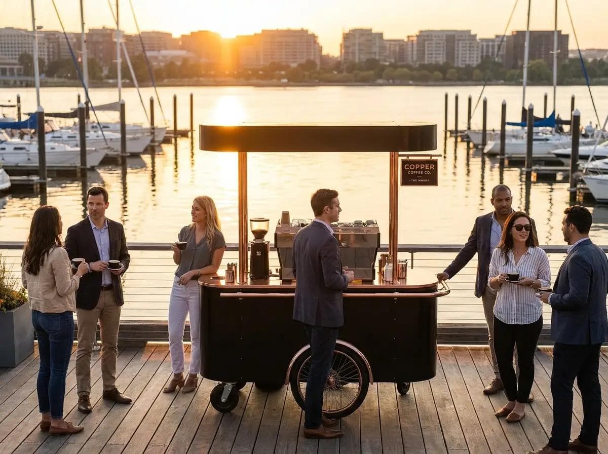 Chic mobile coffee cart on a waterfront pier terrace at The Wharf in Washington DC, Washington Channel marina softly blurred in the background at sunset