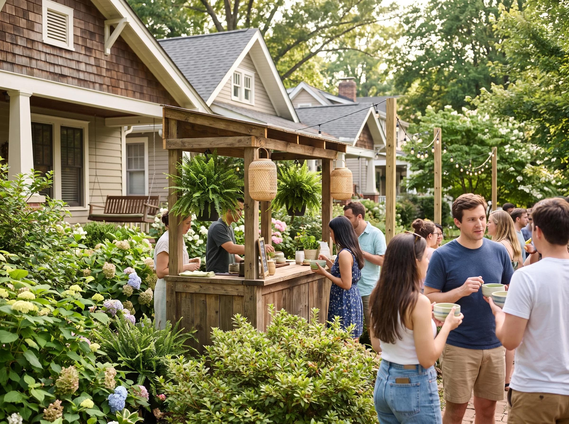 Cozy neighborhood matcha bar setup at a garden celebration in Takoma Park Maryland, lush greenery and craftsman-style homes softly blurred behind