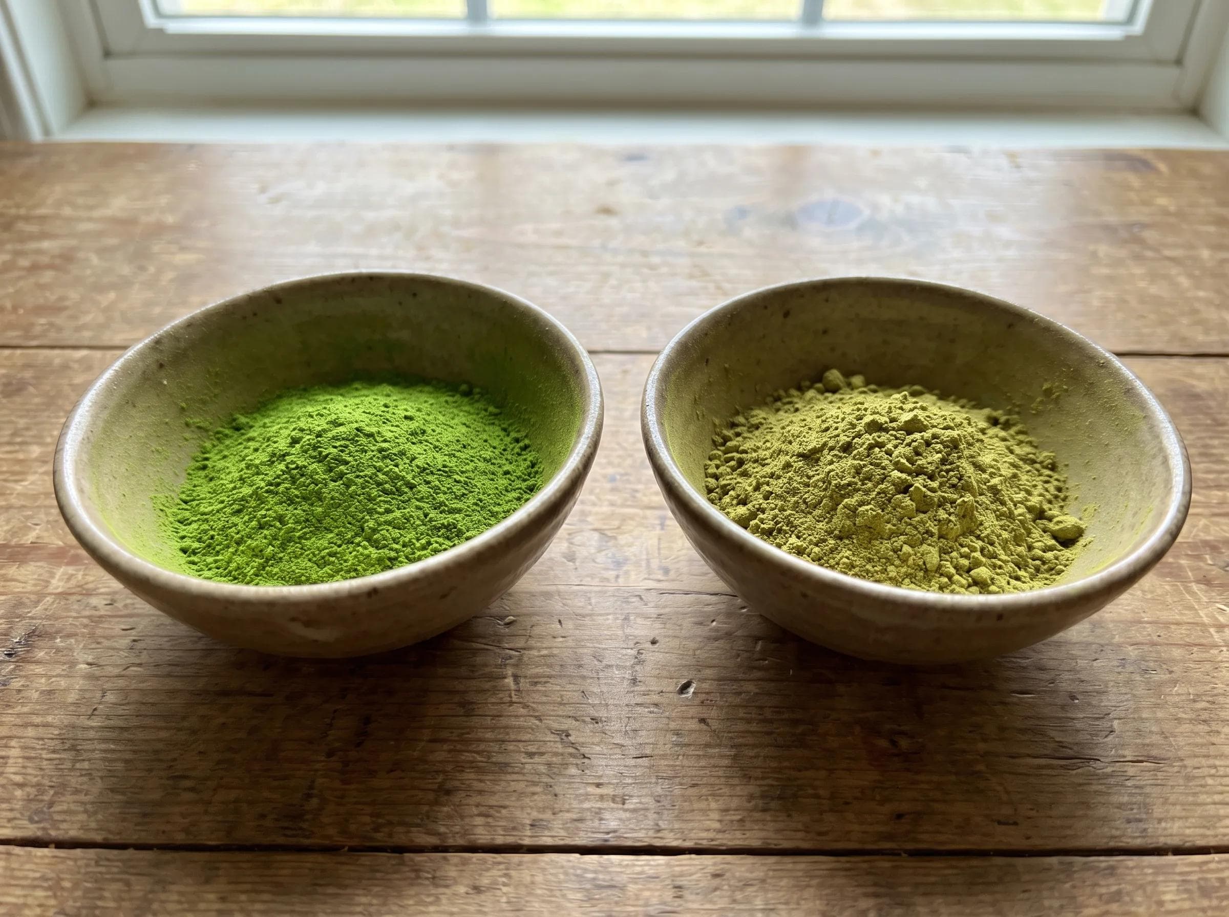 Side-by-side comparison of vivid ceremonial matcha powder and culinary matcha powder in small ceramic bowls, natural lighting