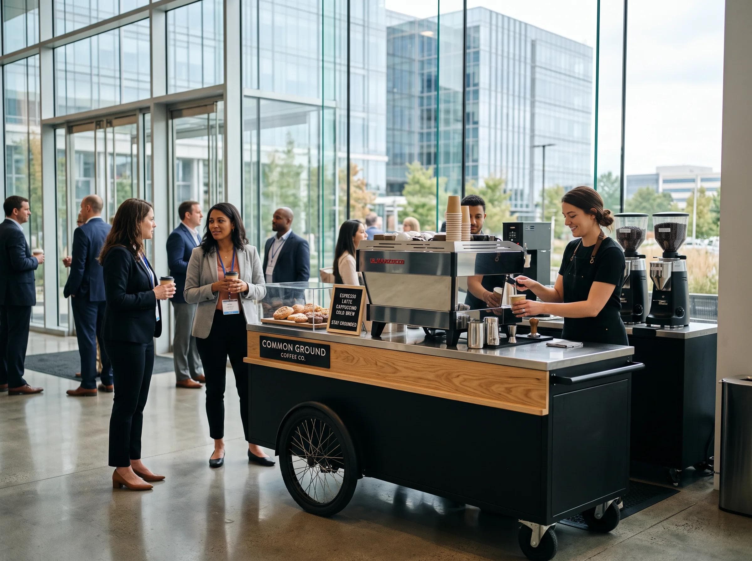 Modern mobile espresso cart at a Herndon Virginia corporate conference, glass office tower and Dulles tech corridor architecture softly blurred behind
