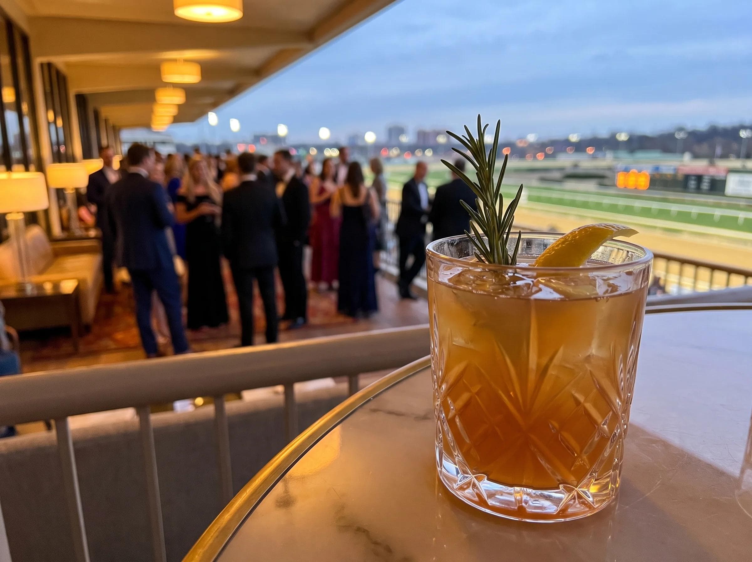 Close-up of an elegant mocktail at a racetrack gala event in Laurel Maryland, skyline lounge and city lights softly blurred behind