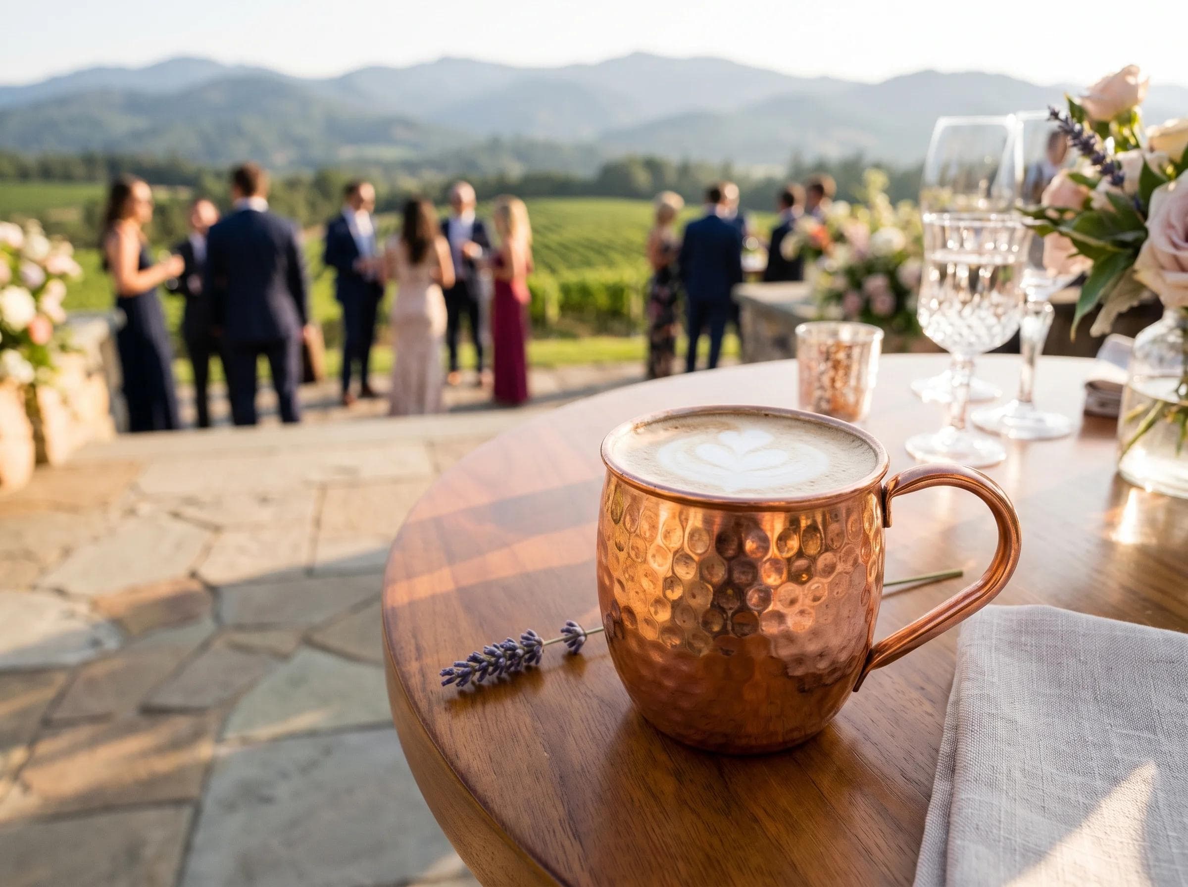 Elegant close-up of a copper latte cup at a five-star resort wedding reception in Middleburg Virginia, vineyard and mountain views softly blurred