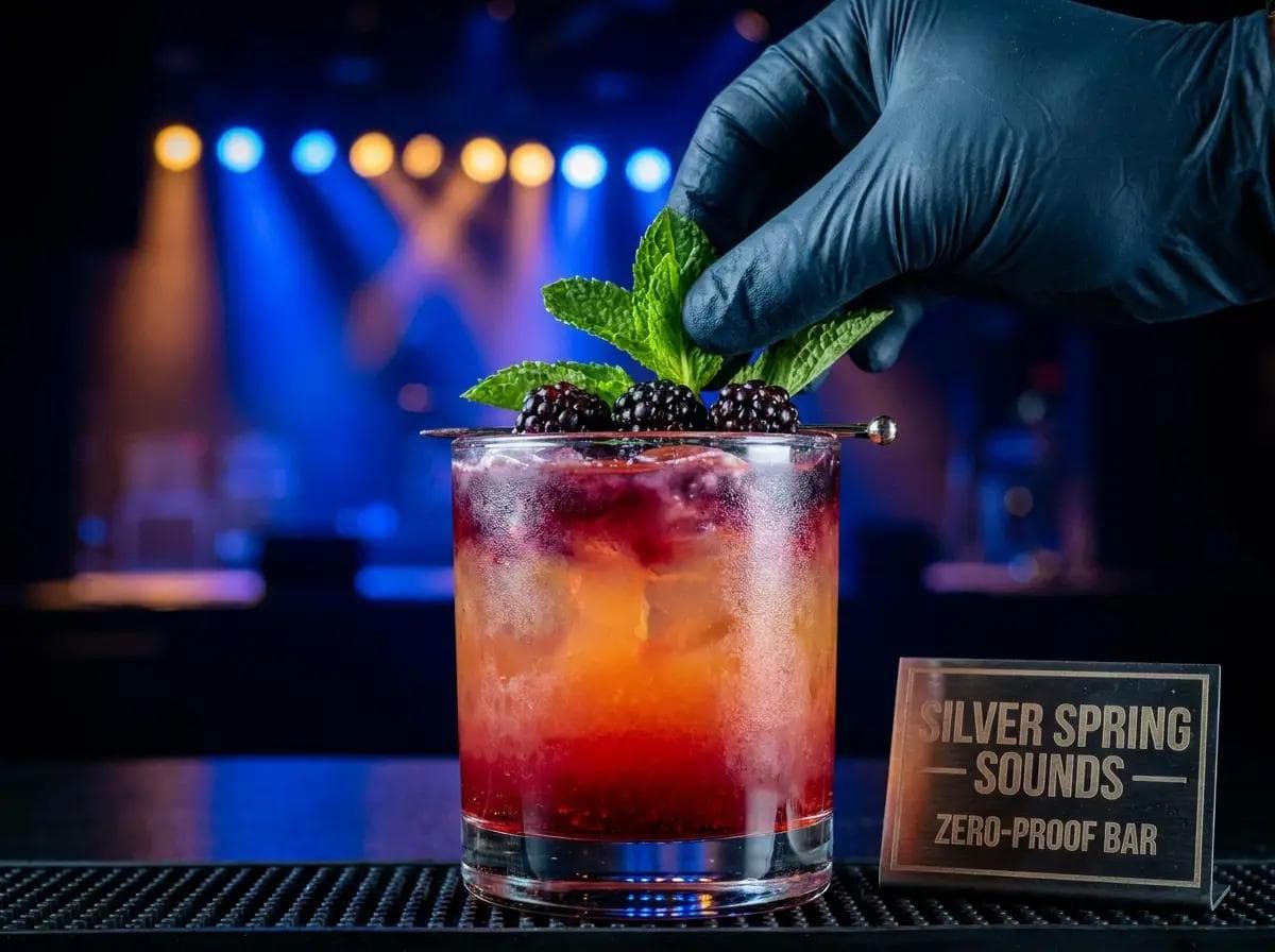Close-up of a colorful zero-proof mocktail being garnished at a Silver Spring Maryland music venue reception, stage lighting softly blurred behind