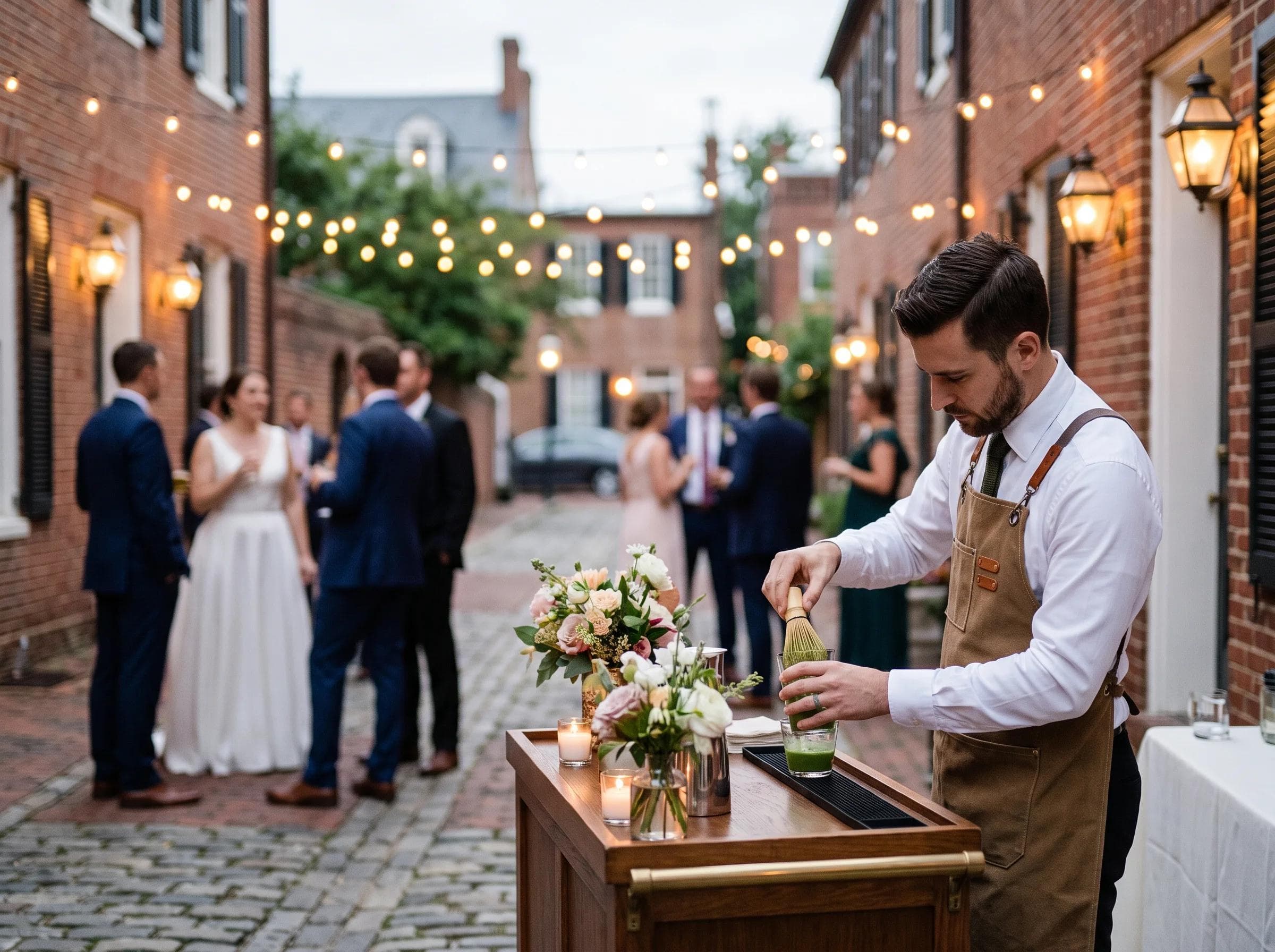 Elegant matcha bar pour at an Old Town Alexandria courtyard wedding, cobblestone street and string lights in soft-focus background