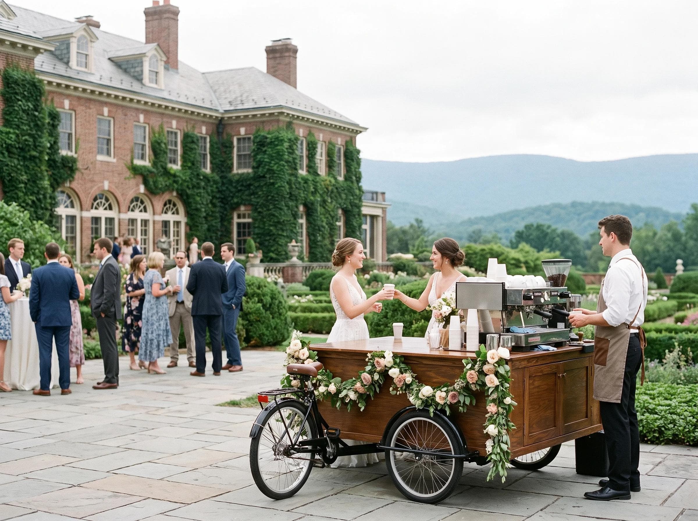 Historic mansion wedding coffee cart in Frederick Maryland, Catoctin Mountain views and brick estate architecture softly blurred in the background