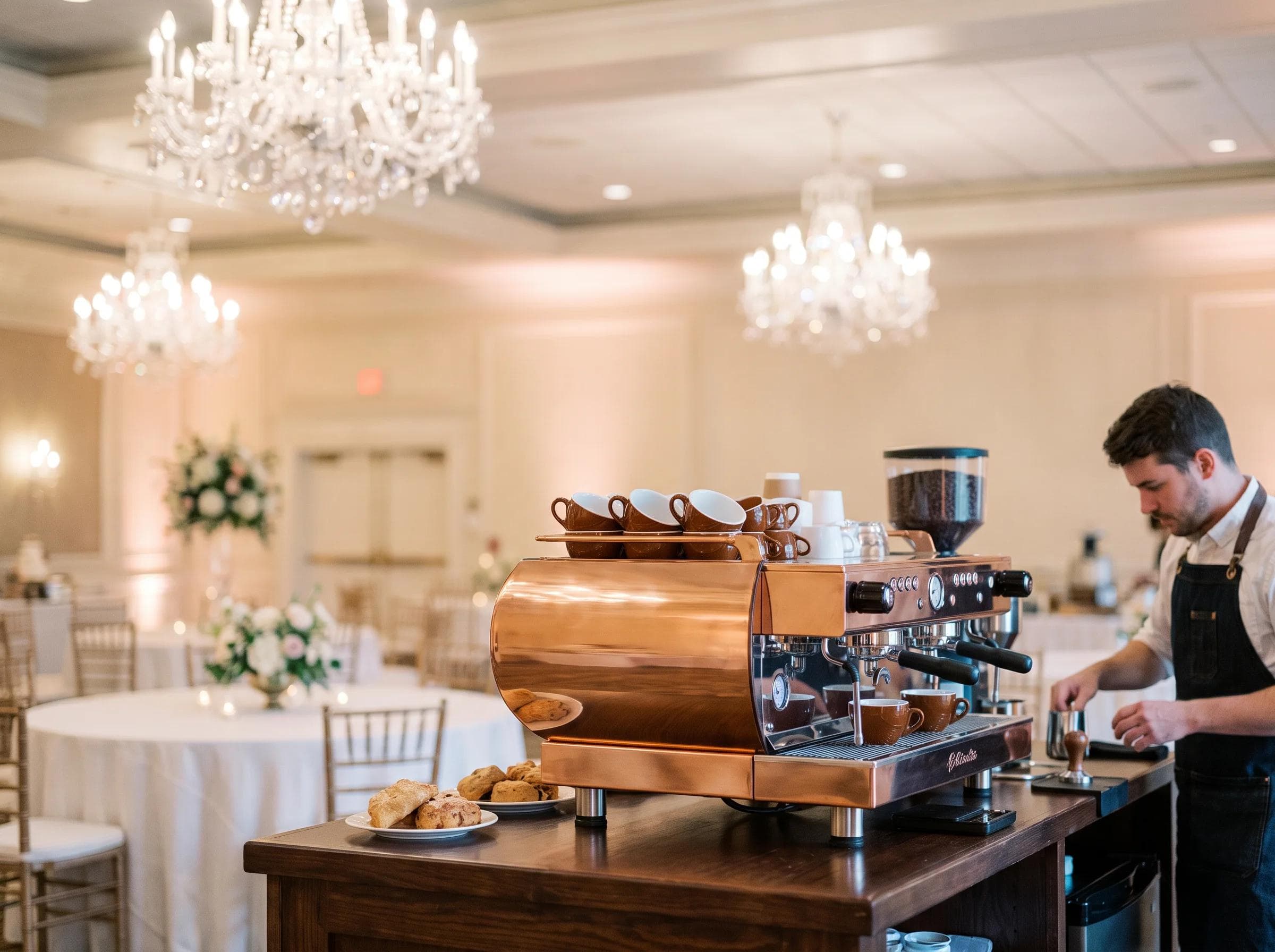 Elegant hotel ballroom coffee bar in Falls Church Virginia, chandeliers and formal table settings blurred behind a copper espresso setup