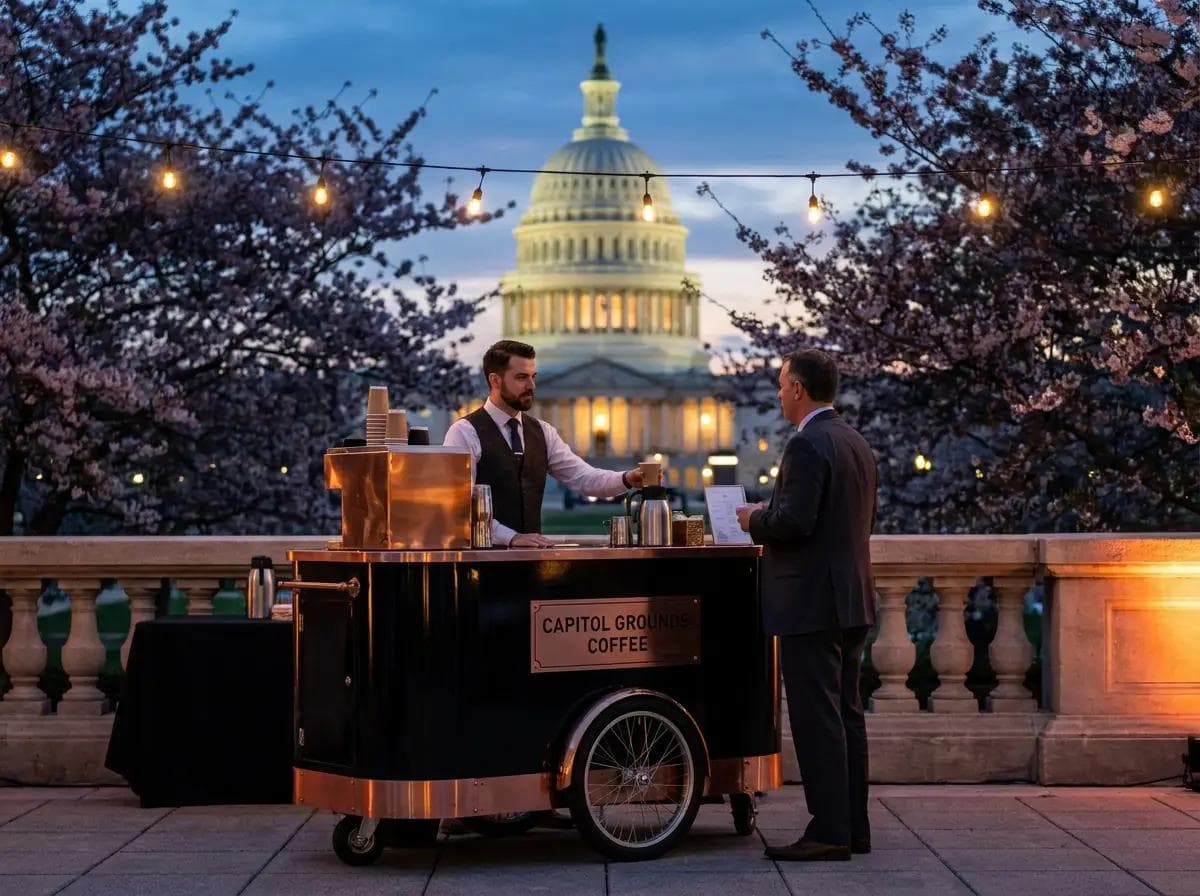Elegant mobile coffee cart on the grounds of a Capitol Hill DC historic institution, Capitol dome and cherry blossom trees softly blurred in the background at dusk