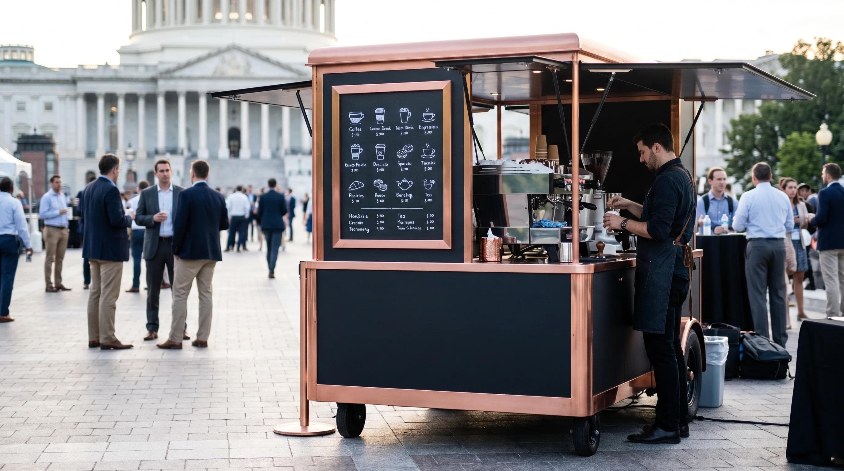 Professional mobile coffee cart setup at a Washington DC event with a clear, itemized menu card visible, copper and obsidian branding