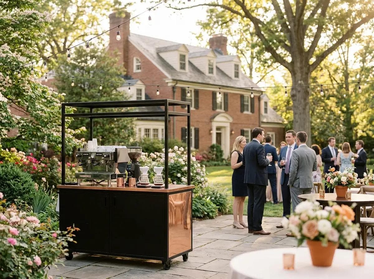 Elegant mobile coffee cart set up in a beautifully landscaped private backyard in Oakton Virginia, colonial-style home and mature garden trees softly blurred in the background