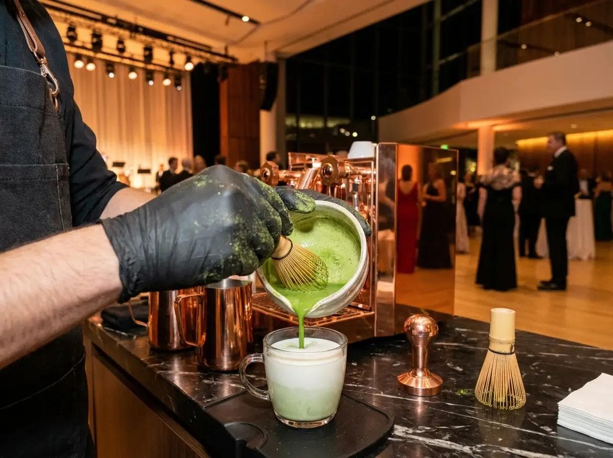 Close-up of a barista preparing a signature matcha latte at a Tysons Corner Virginia corporate gala, modern performing arts venue interior softly blurred behind