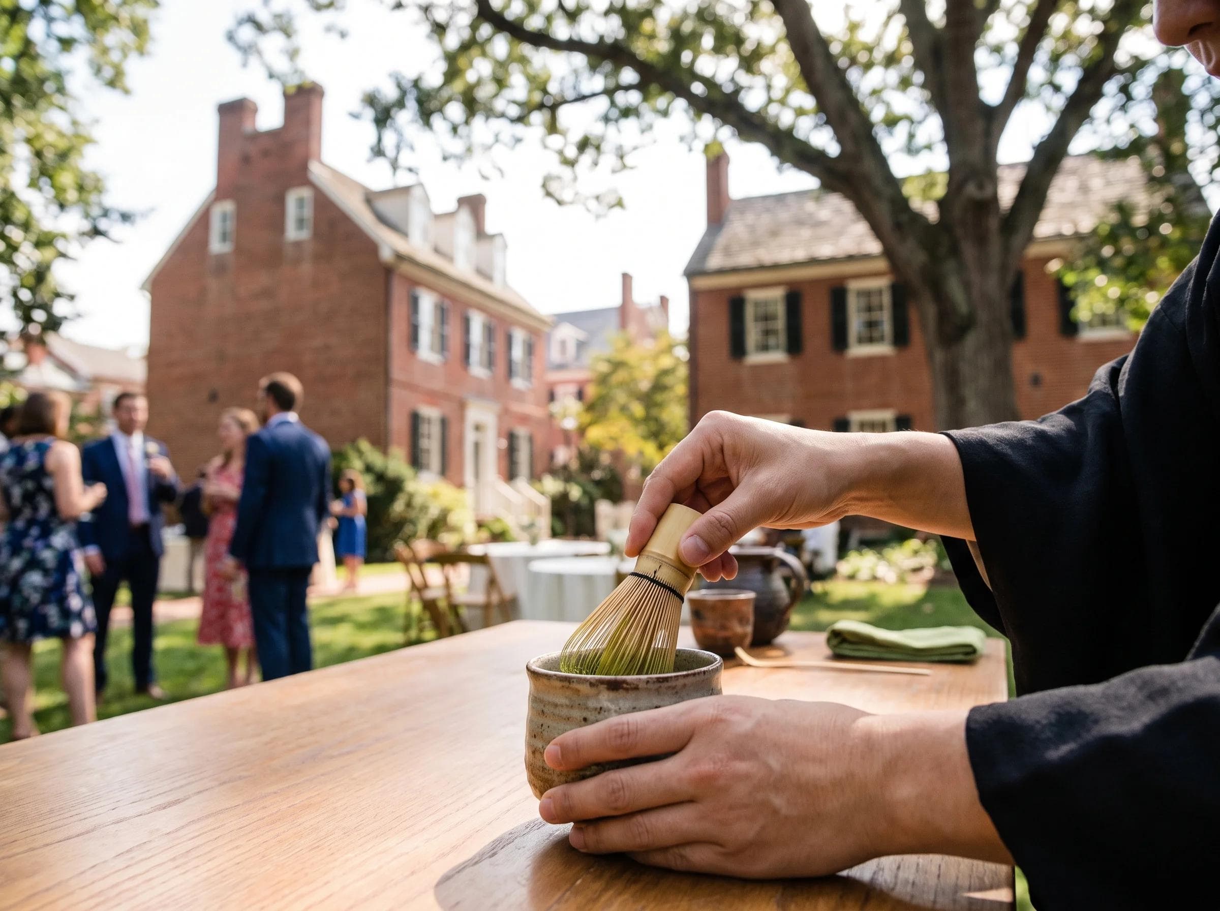 Close-up of a matcha pour at a historic garden wedding in downtown Annapolis Maryland, brick colonial architecture softly blurred behind
