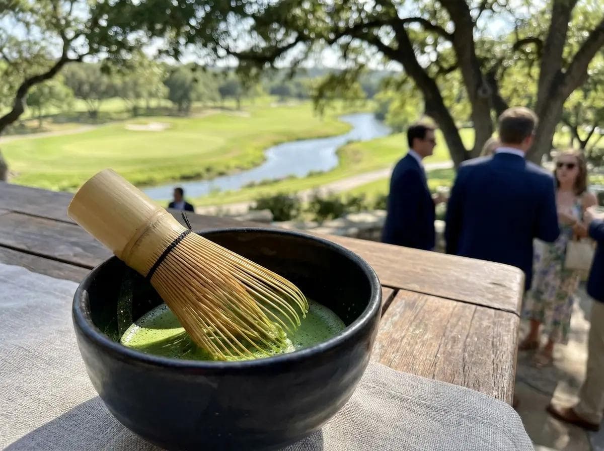 Close-up of a ceremonial matcha pour at a Great Falls Virginia country club reception, riverside golf course and mature tree canopy softly blurred behind