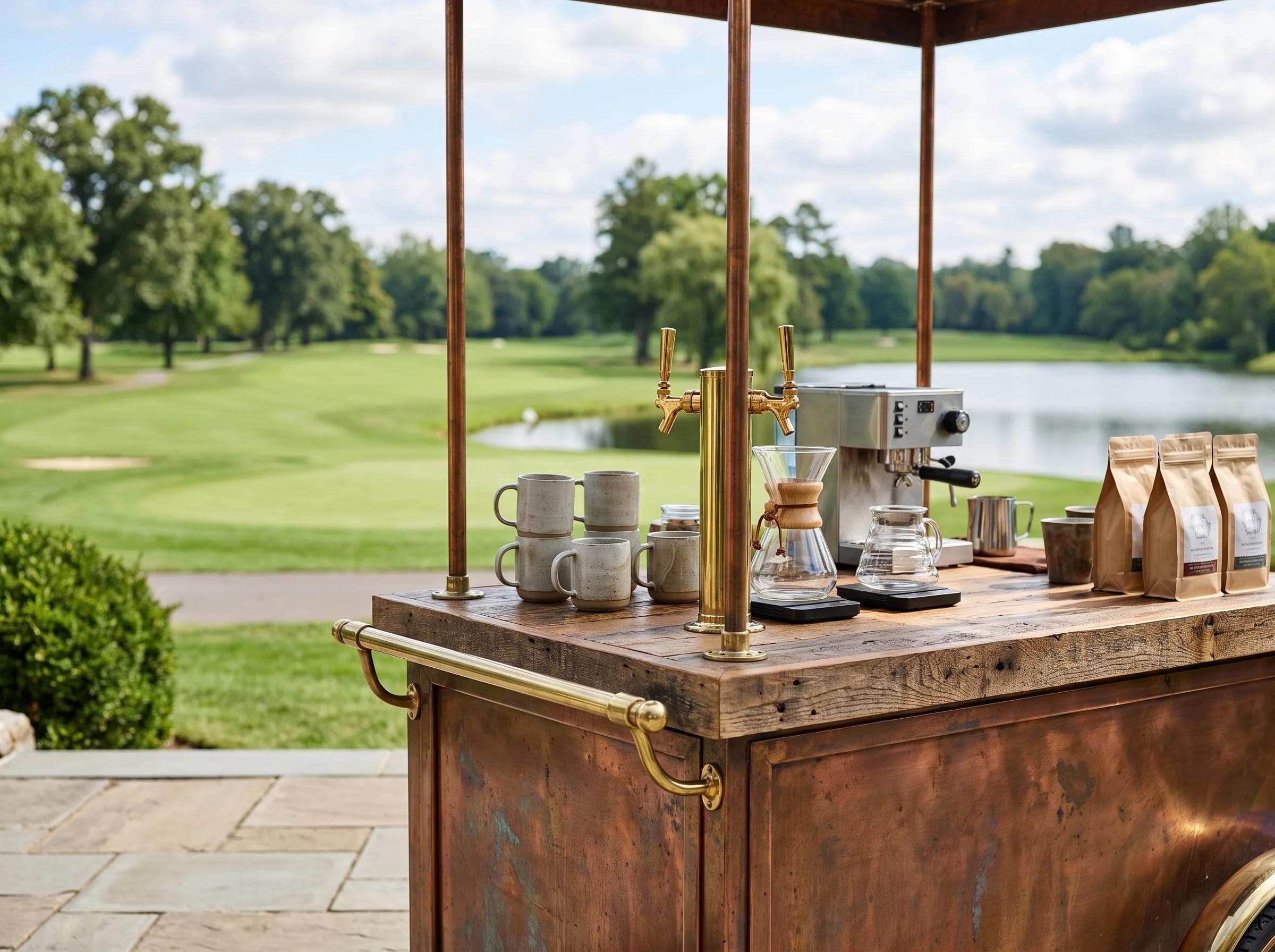 Close-up of a lakeside country club coffee bar in Bowie Maryland, golf course and water view softly blurred behind an elegant copper cart