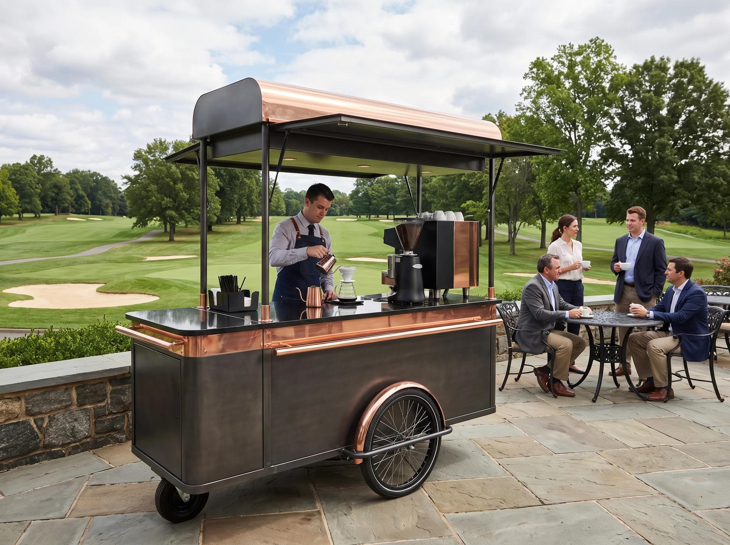 Upscale mobile coffee cart on a country club terrace in Fairfax Virginia, manicured golf course greens in the background, elegant copper and obsidian branding