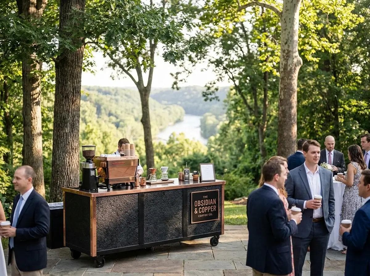 Rustic-elegant mobile coffee cart on a wooded private estate in Great Falls Virginia, Potomac gorge vista and mature oak trees softly blurred in the background