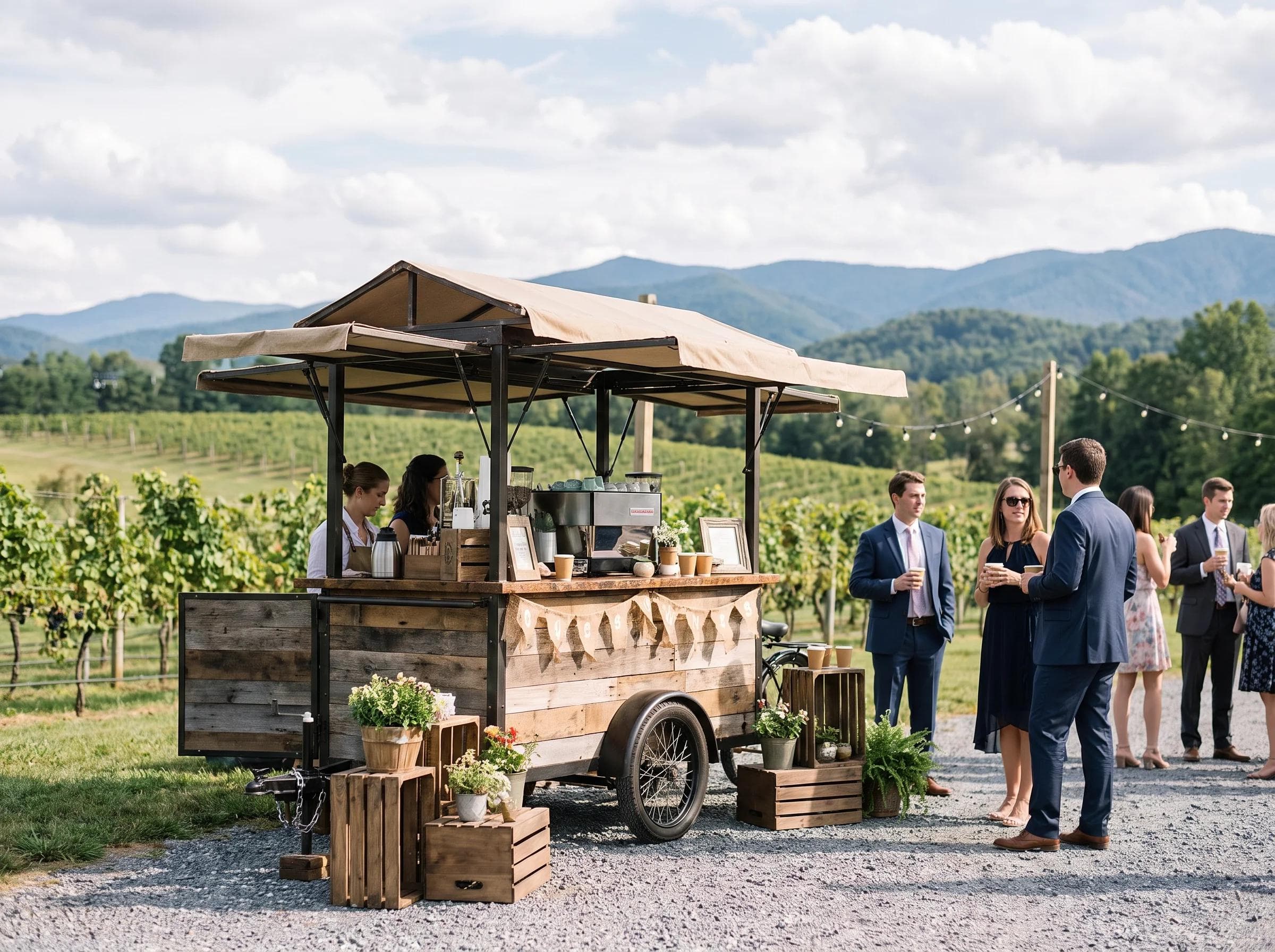 Mobile coffee cart at a Purcellville Virginia vineyard wedding, rolling grapevine rows and mountain views in the background, rustic-elegant styling