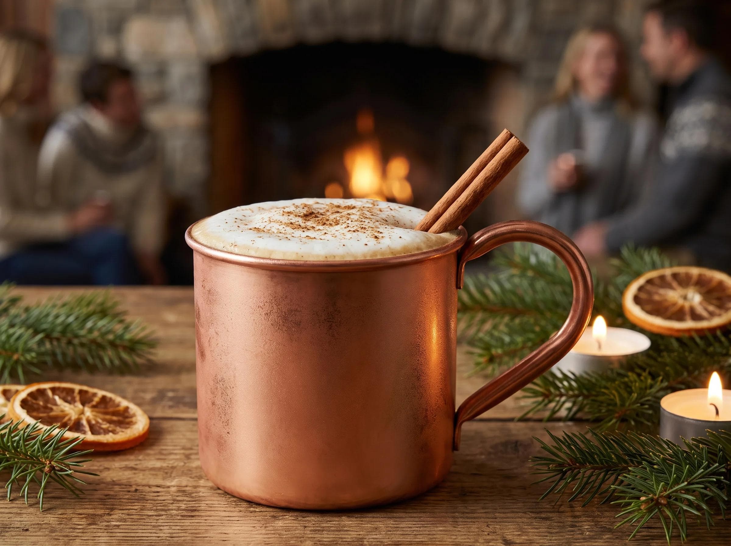 Close-up of a spiced winter latte with cinnamon garnish at an intimate estate wedding, warm copper mug styling
