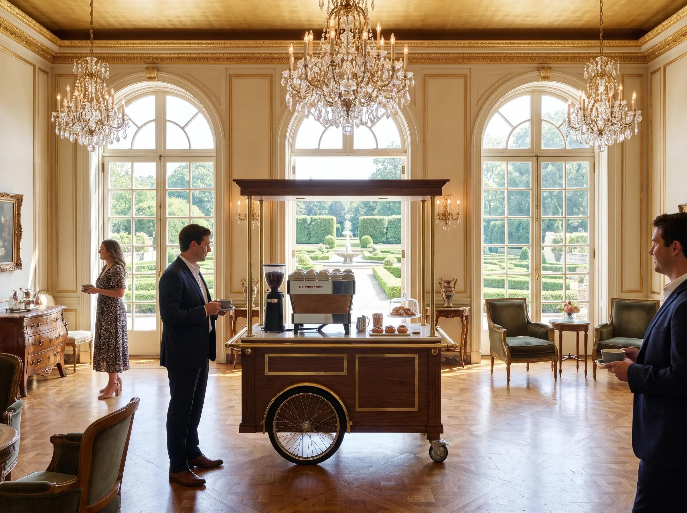 Elegant mobile coffee cart inside a historic mansion ballroom in Gaithersburg Maryland, crystal chandeliers and formal garden visible through windows