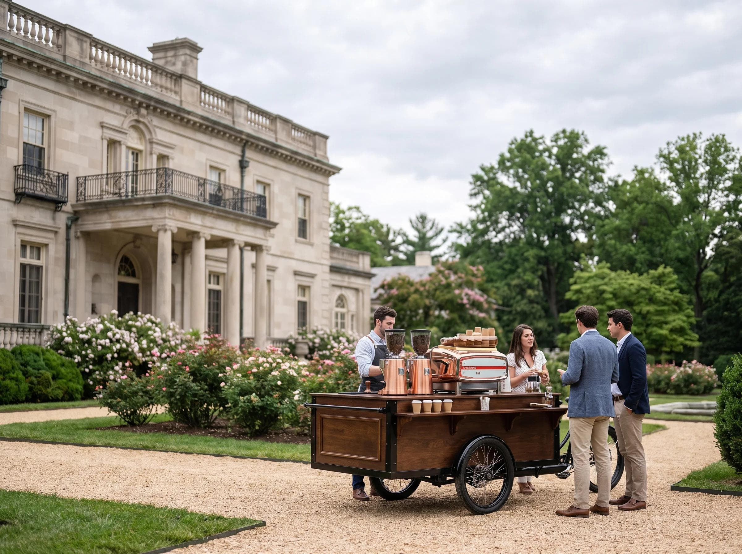 Historic mansion coffee cart setup in Rockville Maryland, formal park gardens and columned architecture softly blurred in the background
