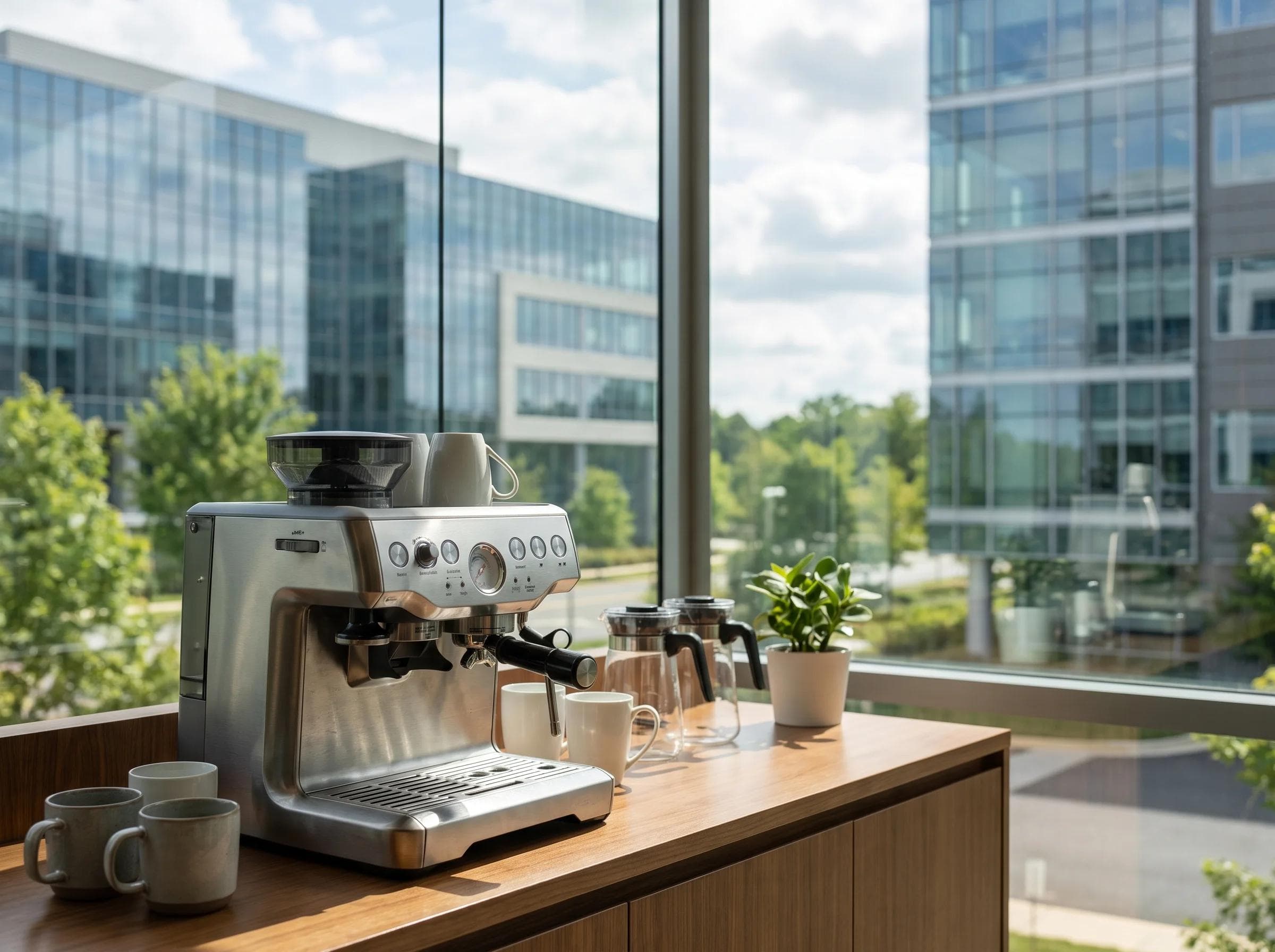 Close-up of a modern corporate coffee bar setup in Gaithersburg Maryland, biotech office campus architecture softly blurred behind