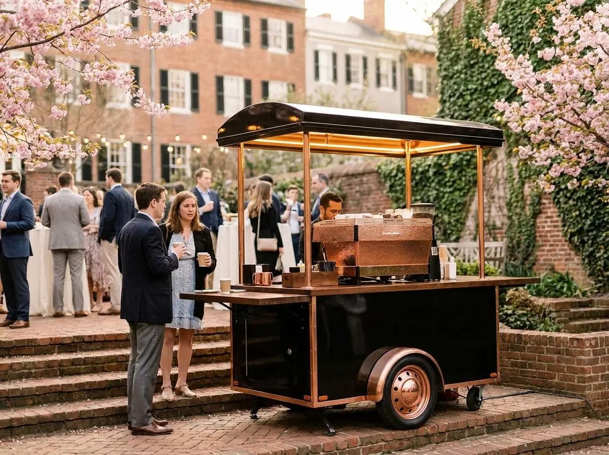 Elegant mobile coffee cart on the terraced garden of a historic Georgetown DC estate, Federal-era townhouses and brick garden walls softly blurred in the background