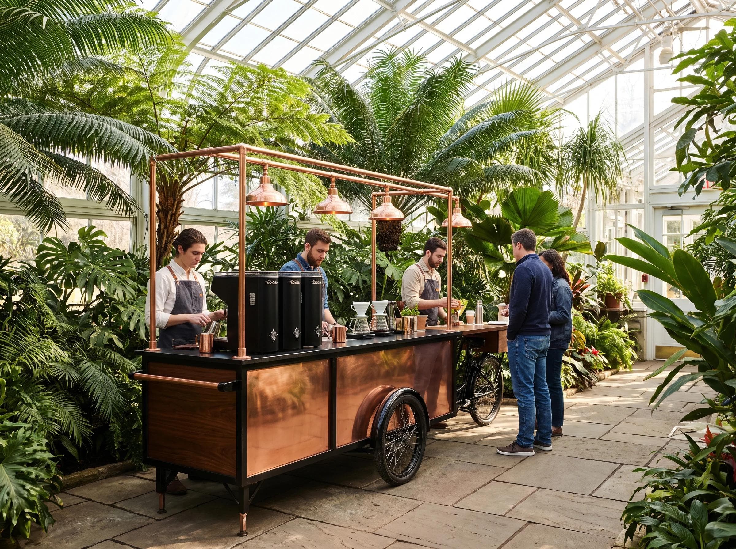 Elegant mobile coffee cart inside a glass botanical garden atrium in Vienna Virginia, lush greenery and natural light, copper and obsidian branded setup